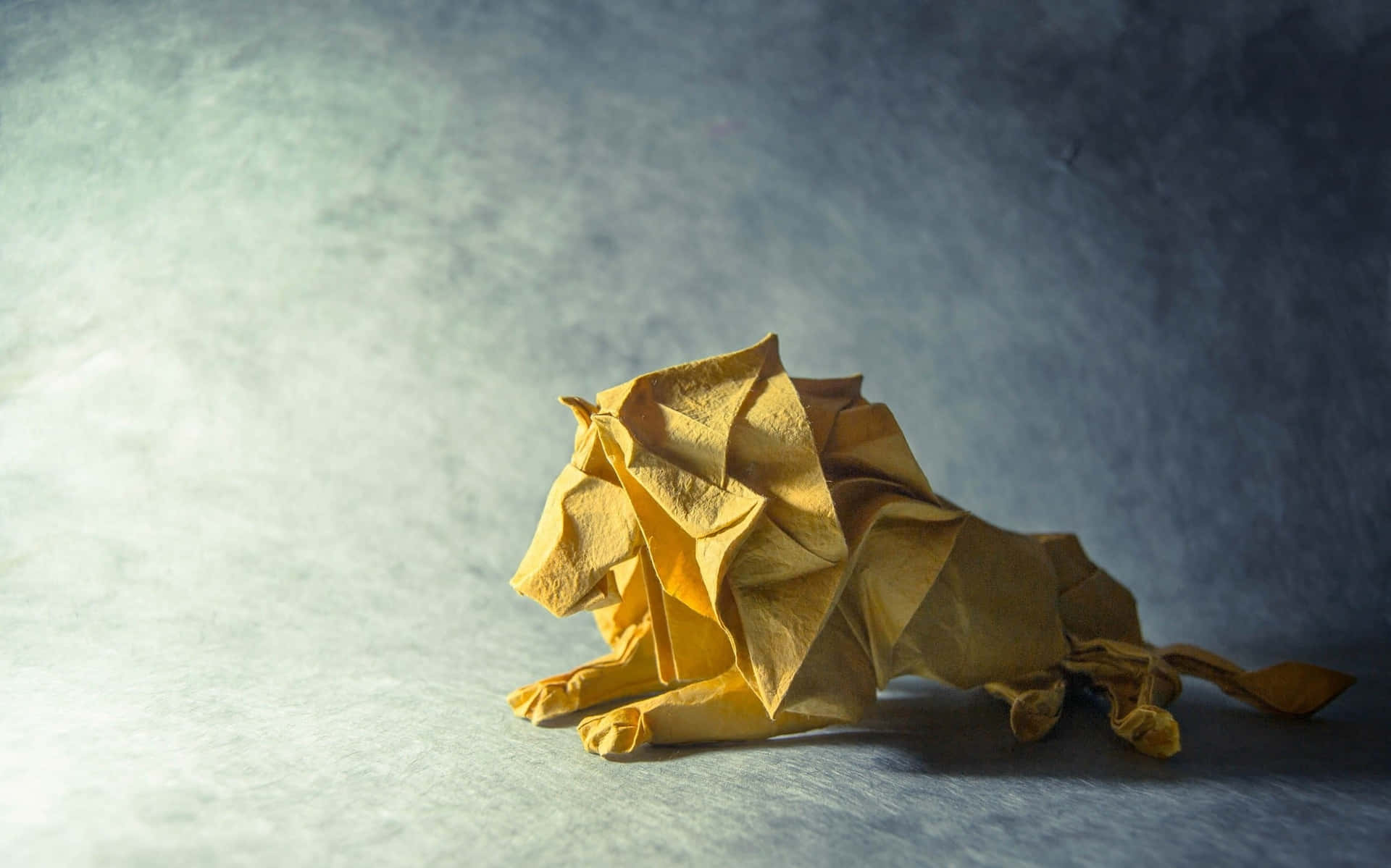  壁紙 — 一隻金色摺紙獅子在戲劇性的攝影棚燈光下，棲息在有紋理的灰色背景前。