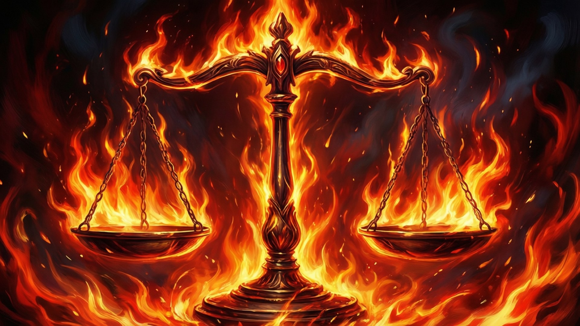Fire Inferno Libra 壁紙 — 一座雄偉的金色正義天平在咆哮的火焰中屹立不搖，在黑暗煙霧繚繞的背景上投射出強烈的橙色和紅色光芒。