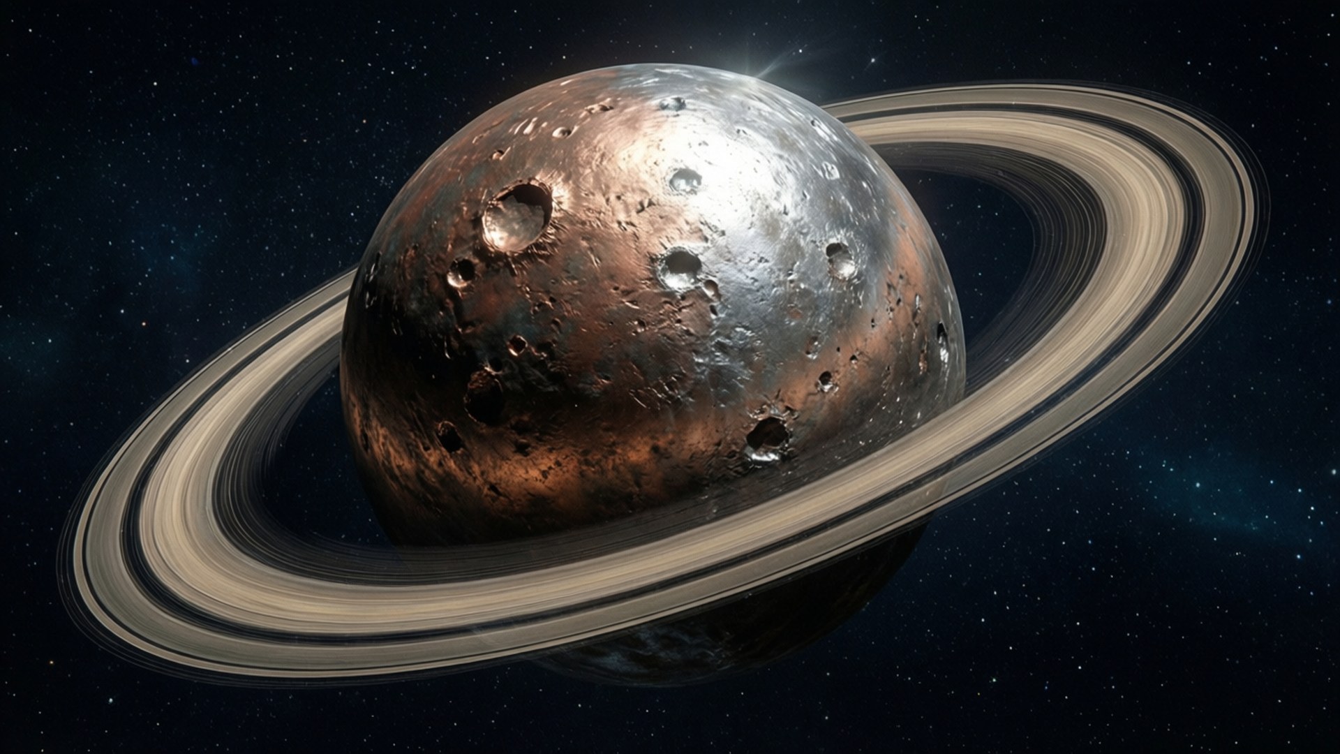 Metallic Planet 壁紙 — 一個金屬質感、佈滿隕石坑的行星，帶有發光環，在繁星點點的宇宙背景下運行。