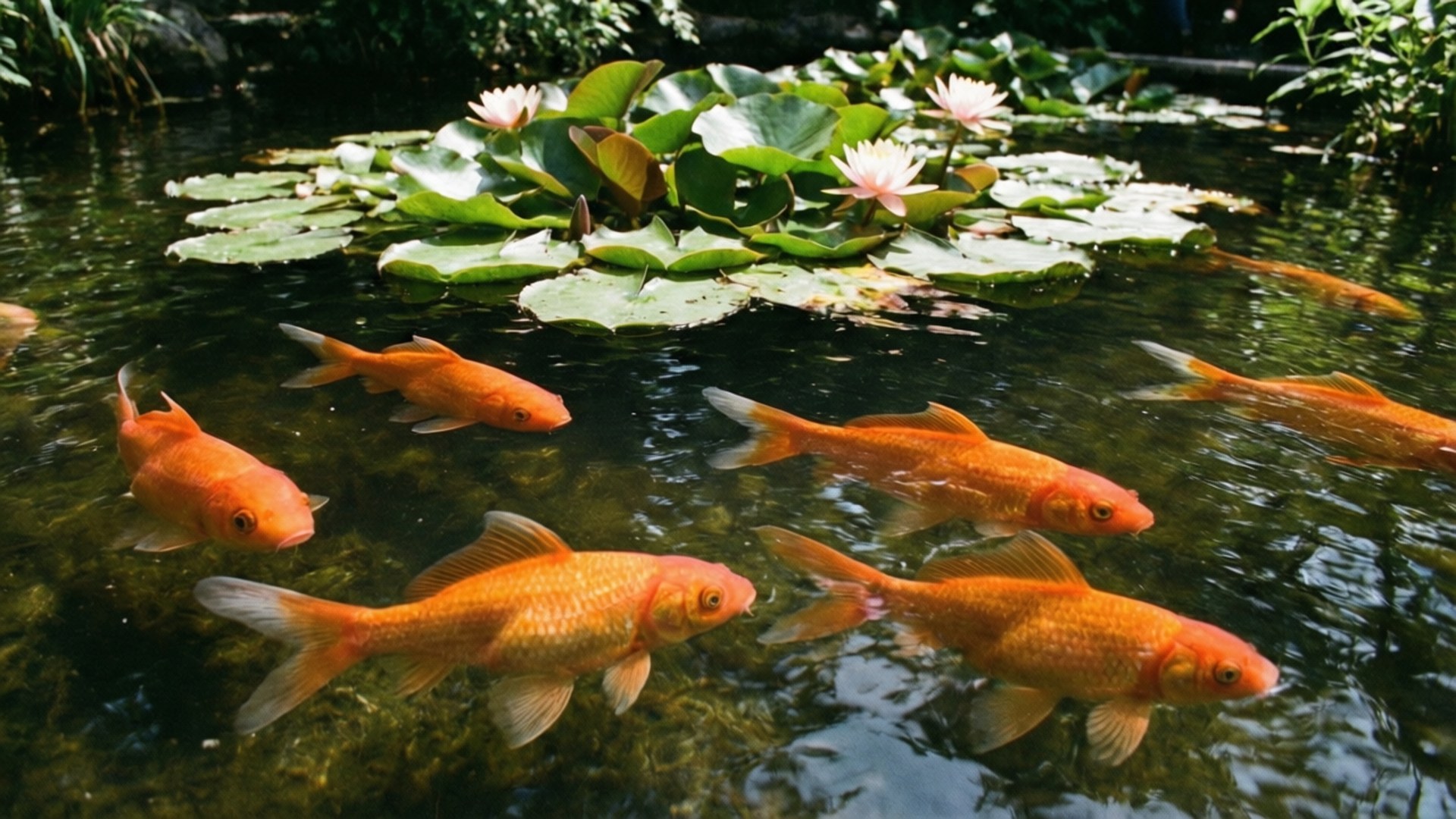 Pond Goldfish Lilies 壁紙 — 金魚在漂浮的睡蓮和白色花朵下的清澈水中優雅地游動。