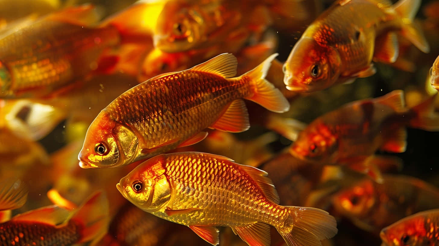  壁紙 — 金魚在溫暖發光的魚群中游過清澈的水，柔和的光線從上方過濾下來。