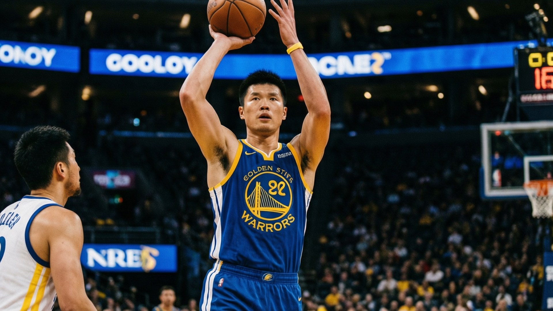 Warriors Three 壁紙 — 一位身穿藍黃球衣的金州勇士隊球員在明亮的場館燈光下，在比賽中專注地投籃。