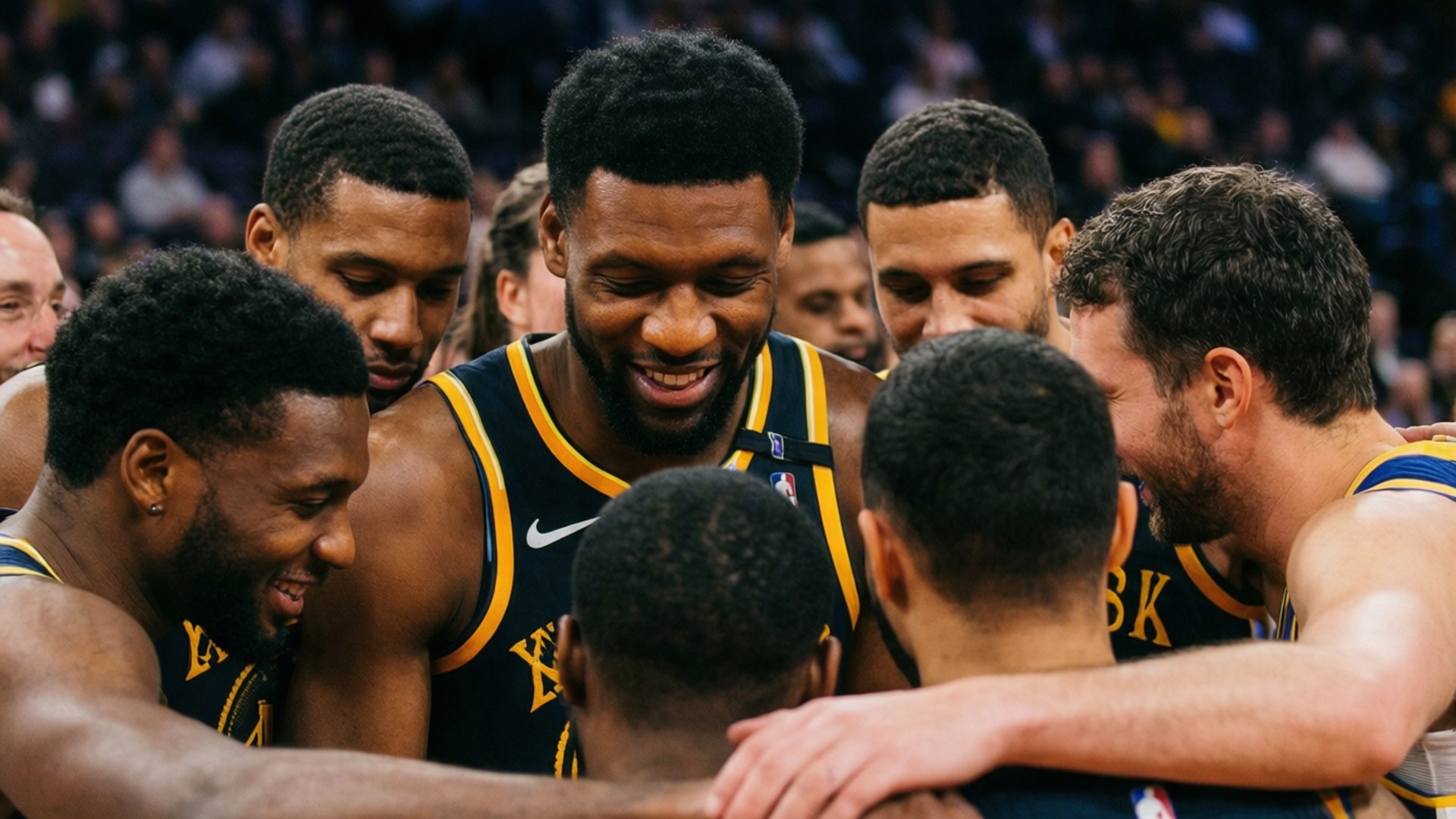 Teammate Huddle 壁紙 — 金州勇士籃球球員在比賽中穿著黑色和黃色球衣緊密聚集。