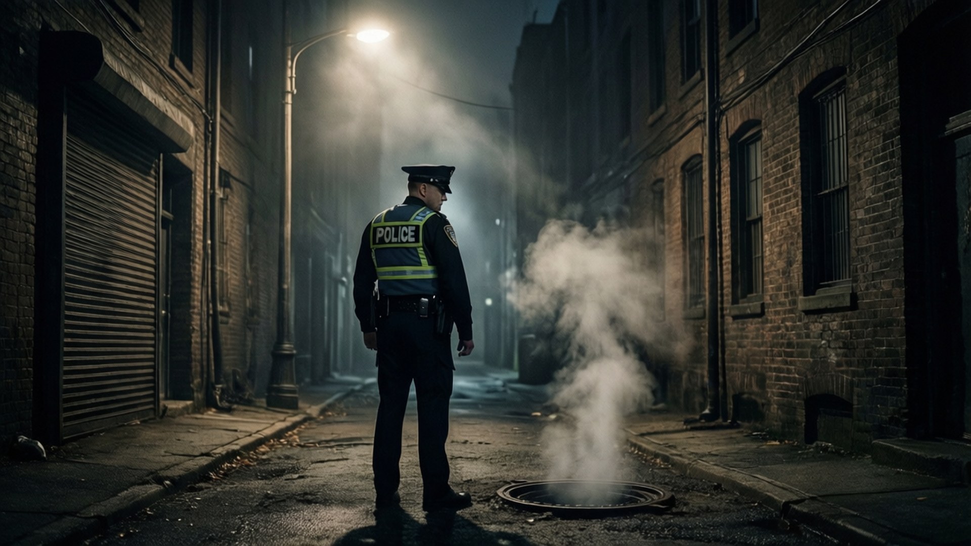 Alley Beat 壁紙 — 一名警察獨自站在夜間霧氣瀰漫的小巷中，只有一盞路燈投射出長長的影子。
