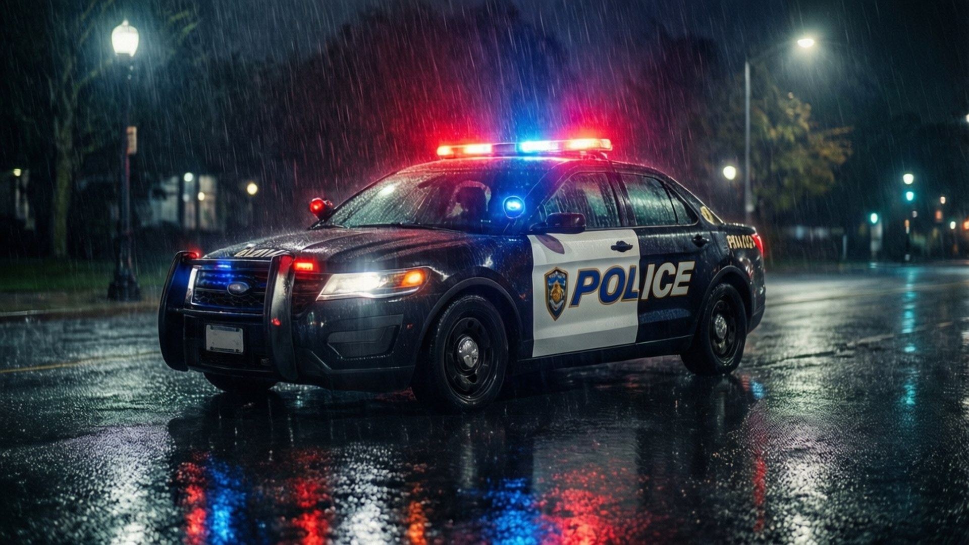 Rainy Night Beat 壁紙 — 一輛警車閃爍著紅藍燈光，在夜間大雨中行駛在濕漉漉的城市街道上。