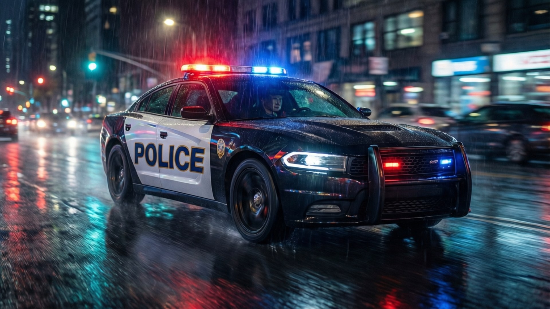 Night Pursuit 壁紙 — 一輛警車閃著紅藍警燈在雨夜的城市街道上疾馳，霓虹燈光反射在濕漉漉的路面上。