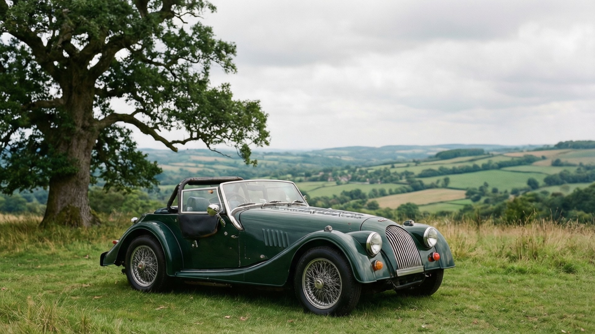 Morgan Plus Four 桌布 壁紙 — 一輛經典綠色摩根跑車停泊在草地上，位於一棵大樹下，俯瞰著起伏的鄉村景色。