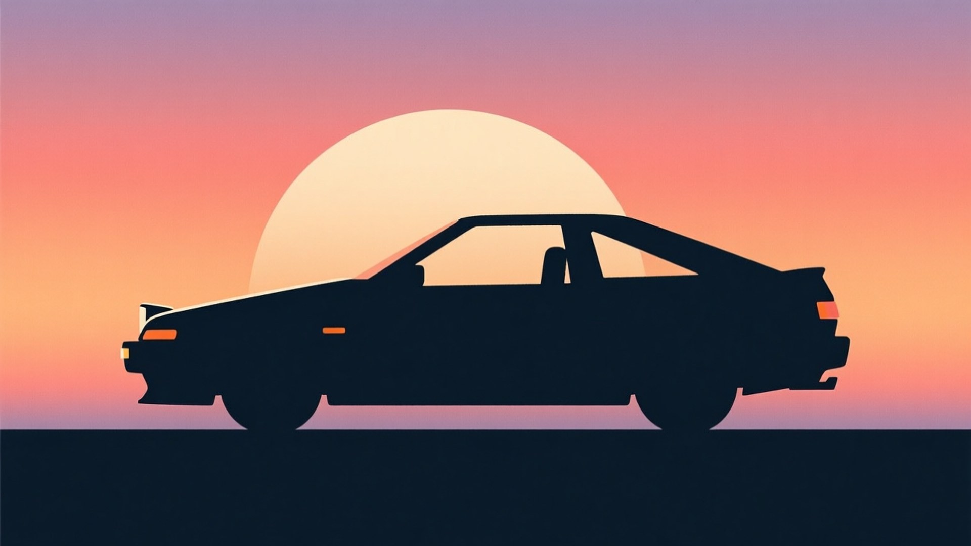 Silhouette Sunset 壁紙 — 經典跑車的剪影，背景是漸變日落和一個巨大的發光太陽。