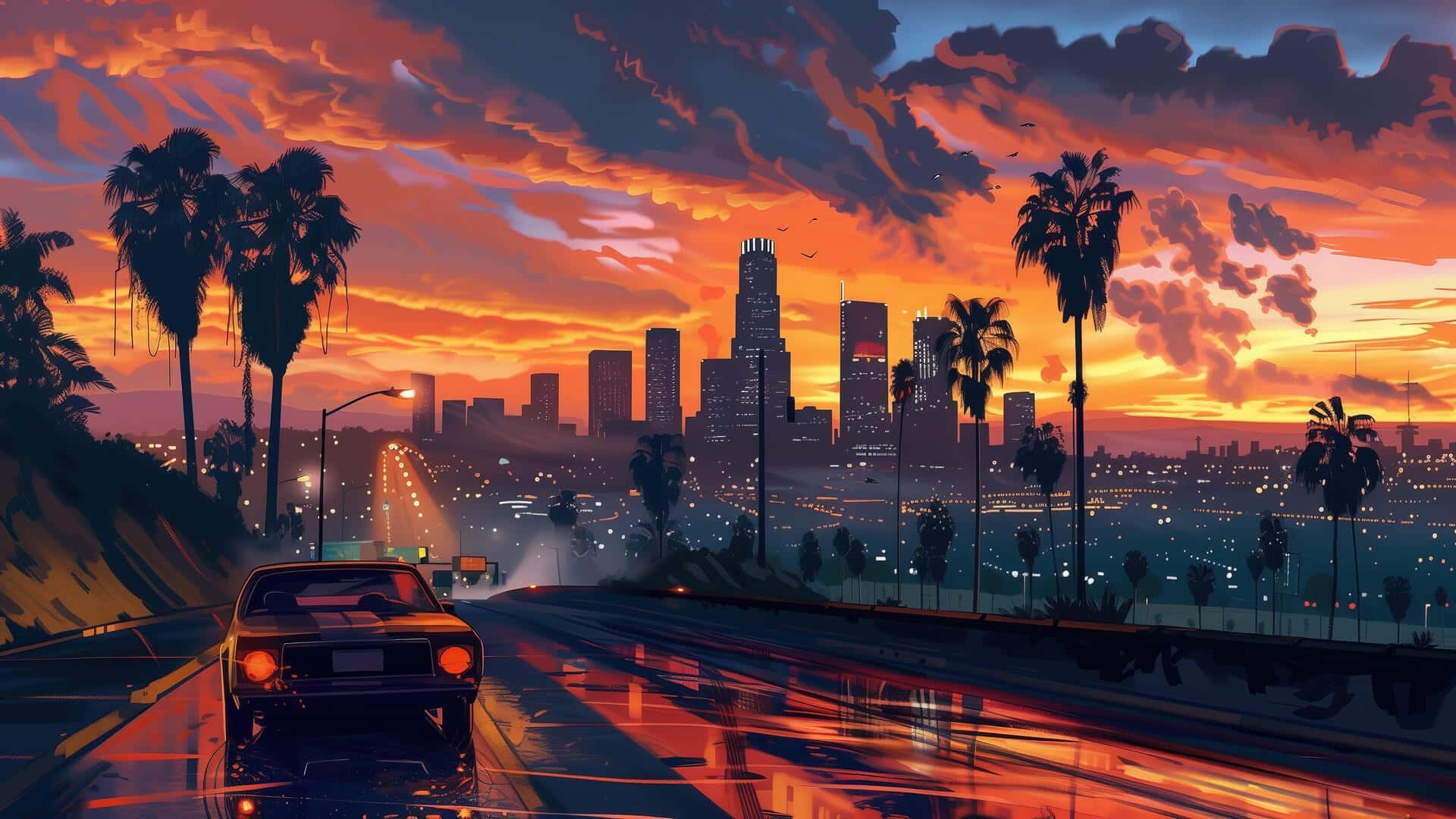 壁紙 — 一輛經典汽車在潮濕的高速公路上行駛，背景是火紅的日落天空、棕櫚樹和閃爍的城市天際線。