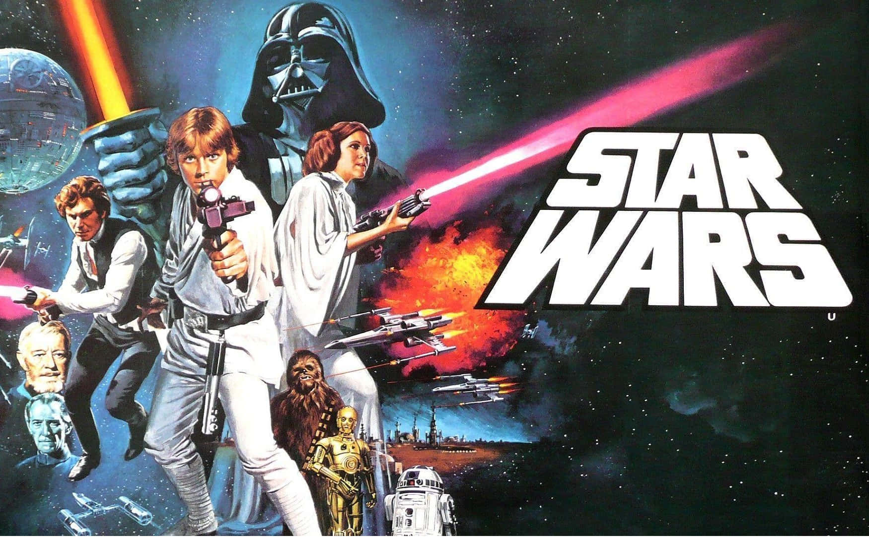  壁紙 — 經典星戰海報 featuring Luke、Leia、Han Solo 和 Darth Vader 在太空戰鬥中，伴有雷射射擊和星艦。
