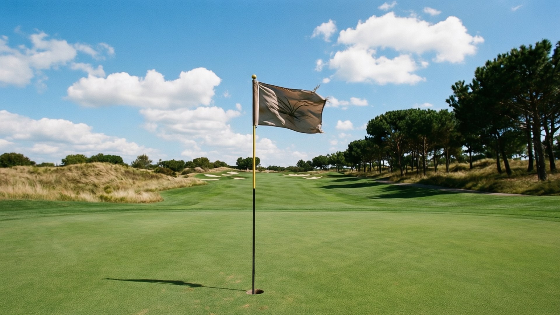 Flag on the Green 壁紙 — 一面經風化的高爾夫旗幟在微風中飄揚，位於純淨的綠色球道上，兩旁是沙丘和高大的松樹，上方是明亮的藍天和蓬鬆的白雲。