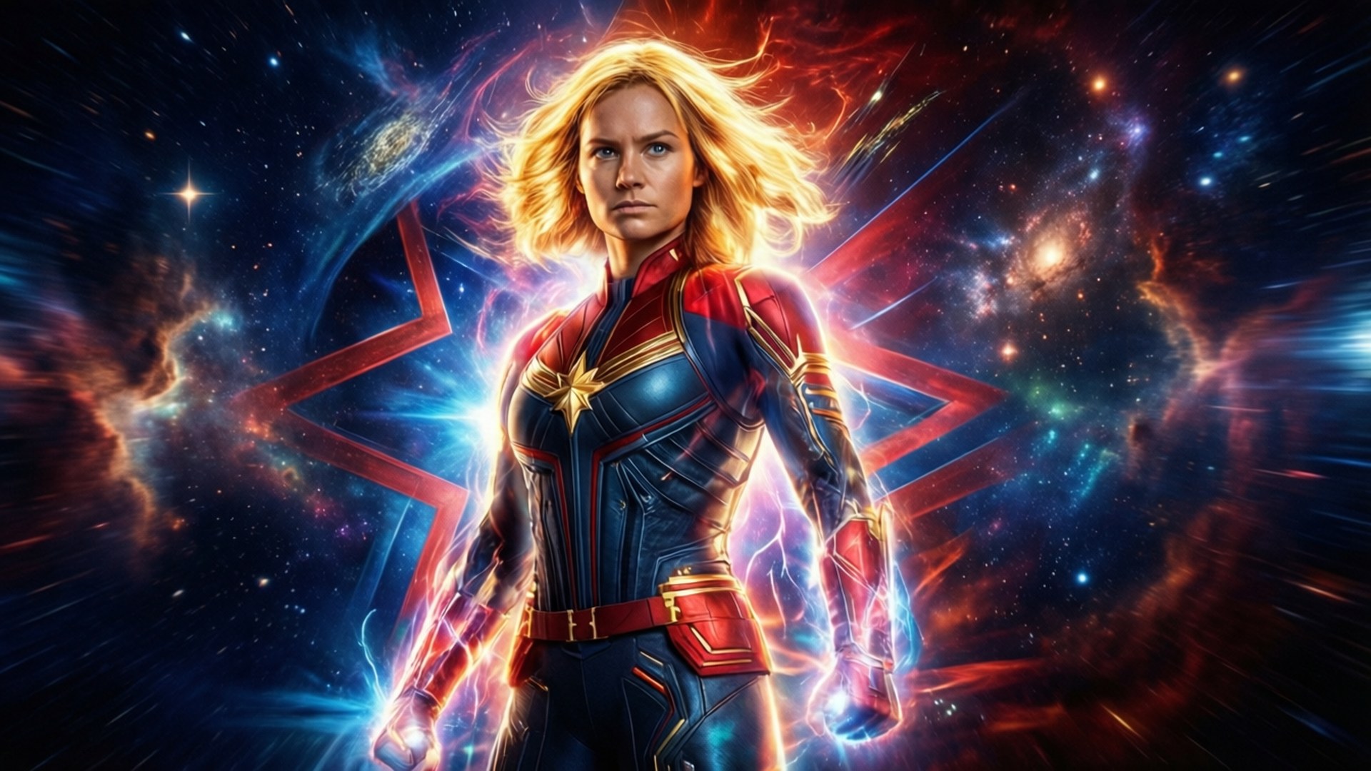Captain Marvel Cosmic Blaze 壁紙 — 驚奇隊長英勇地站在宇宙星雲中，雙手和星星標誌散發出發光的能量。