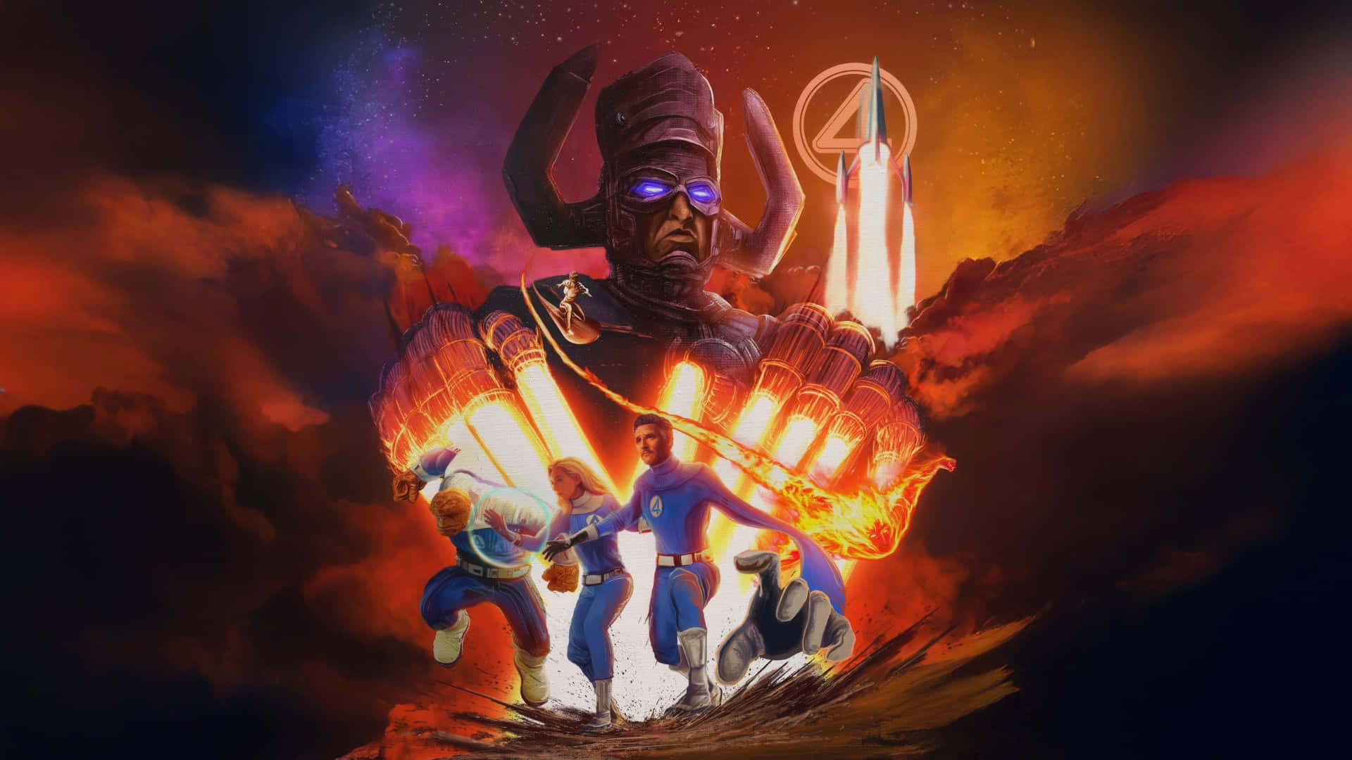  壁紙 — 驚奇四超人從一個巨大的宇宙惡棍逃跑，同時一枚火箭衝入熾熱的星空。
