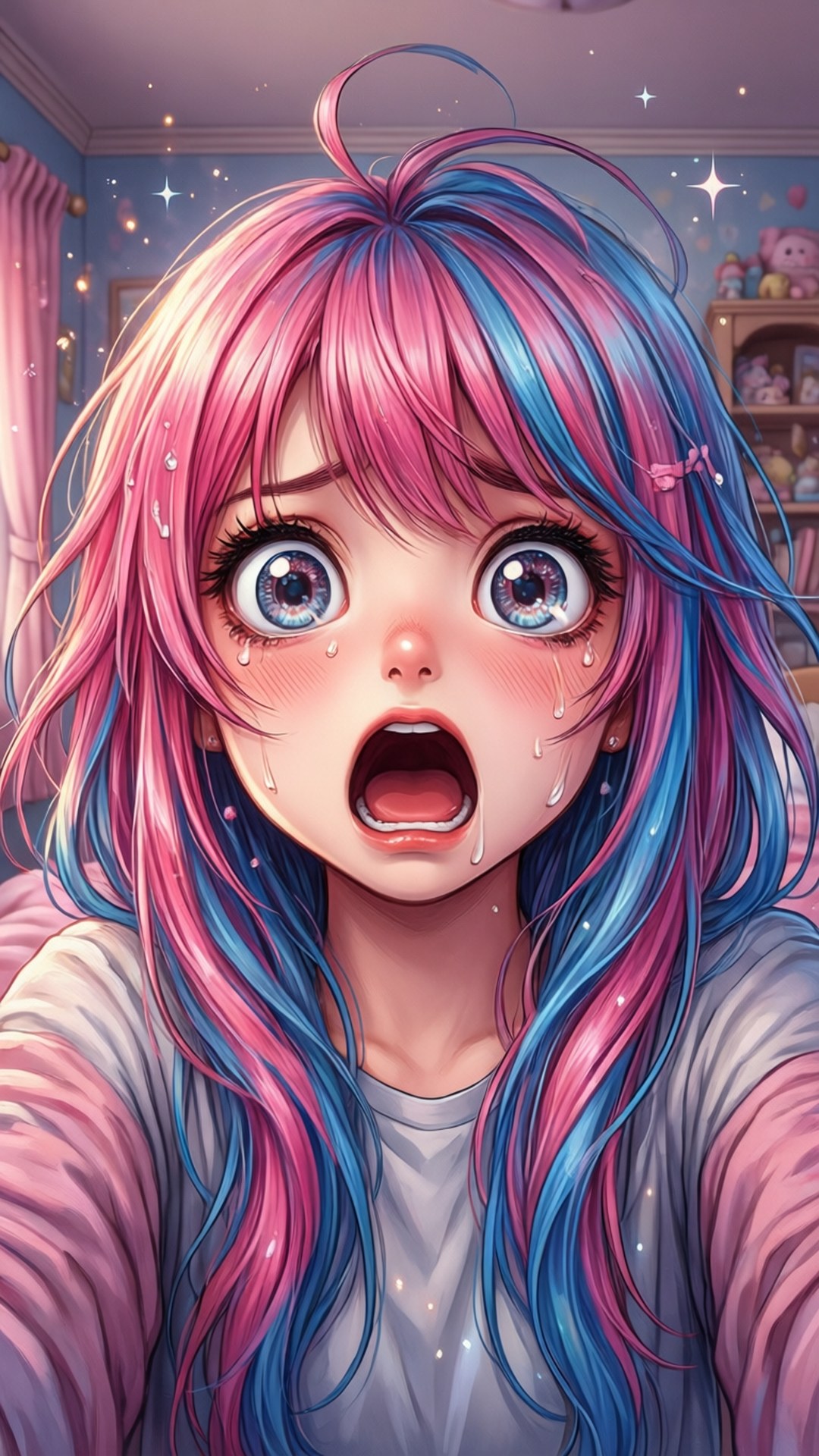 shocked 桌布 壁紙 — 一個驚訝的動漫女孩，粉藍色頭髮，在臥室裡流淚，周圍漂浮著閃光。