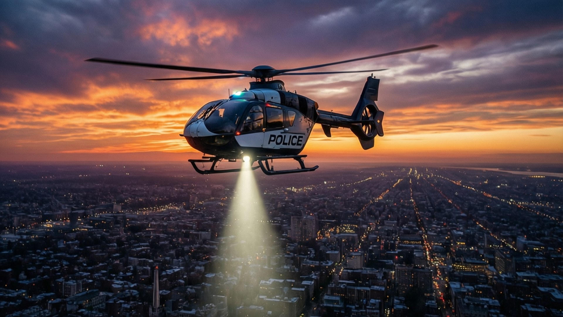 Eye in the Sky 壁紙 — 一架警用直升機閃爍著燈光，在日落時分盤旋在廣闊的城市景觀上空，向下投射出明亮的光束。