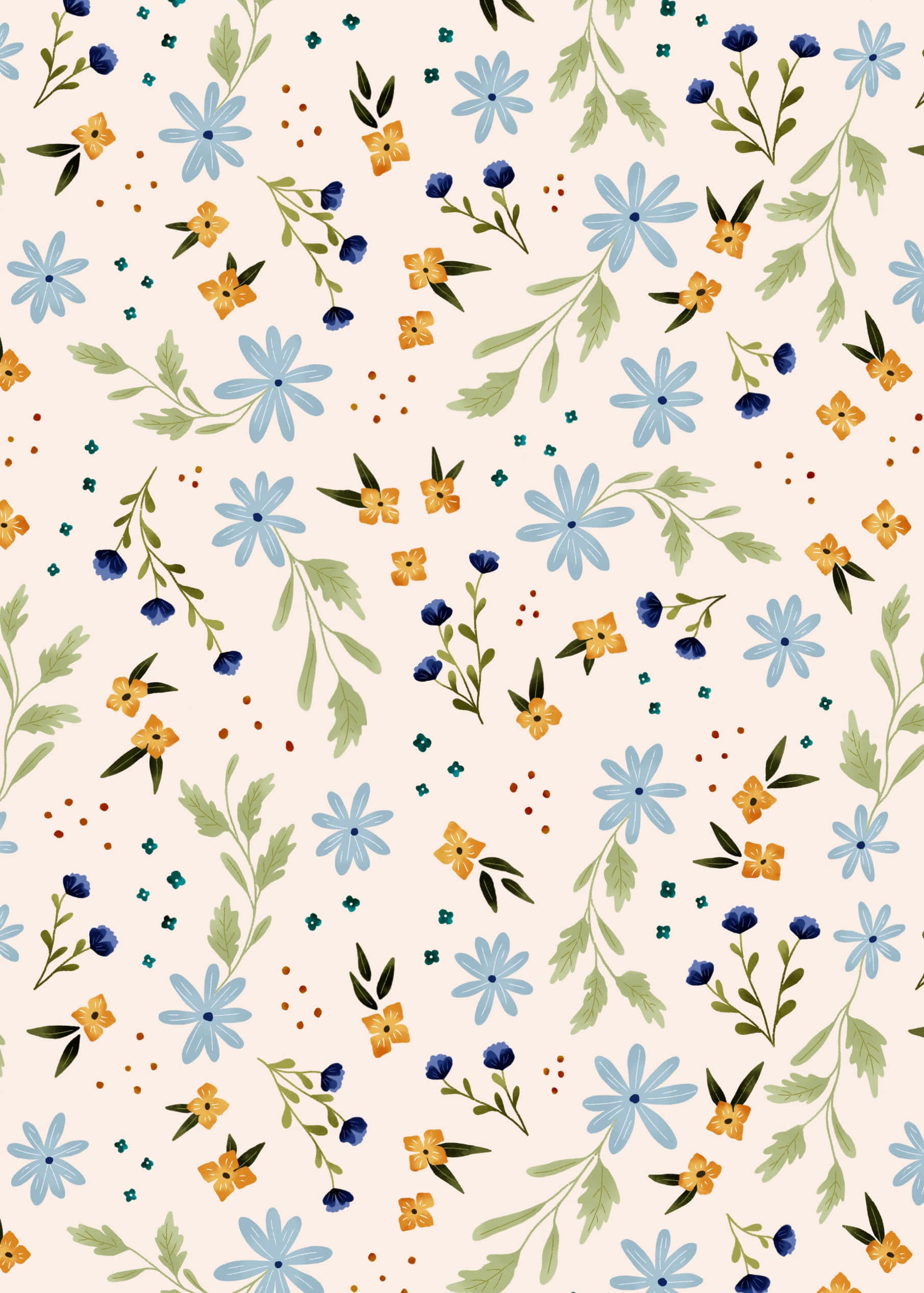 Wildflower 桌布 壁紙 — 精緻的花卉圖案，藍色雛菊、黃色花朵和綠色葉子散落在柔和的米色背景上。