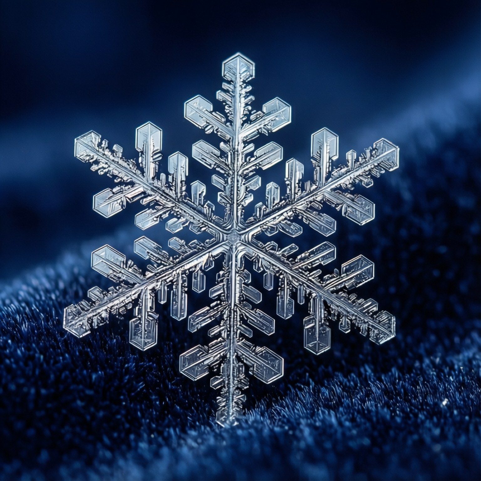 Intricate Snowflake Macro 壁紙 — 一個精緻的雪花，有六個對稱的臂，在柔和的燈光下停留在有紋理的藍色表面上。