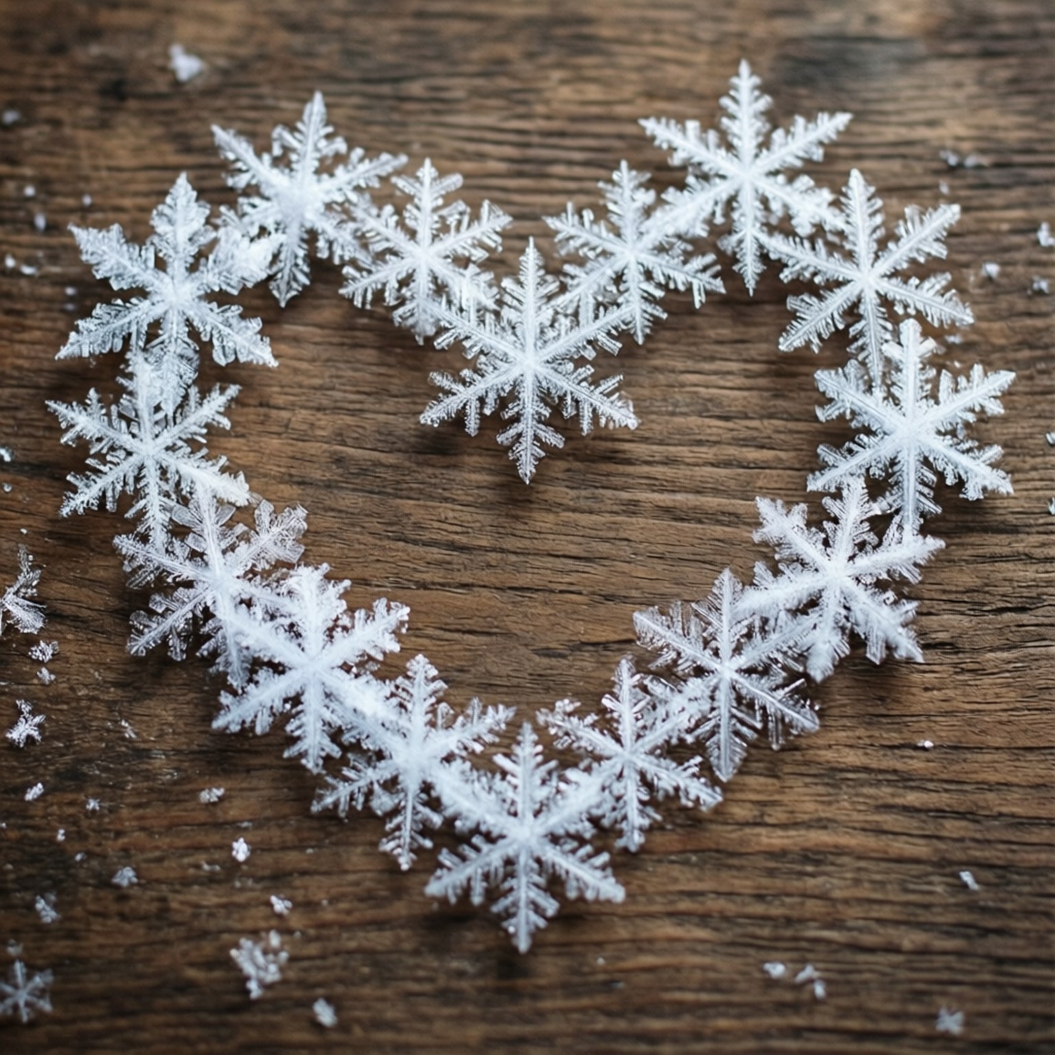 Heart Shaped Snowflakes 壁紙 — 精緻的白色雪花排列成心形，放在質樸的棕色木質表面上。