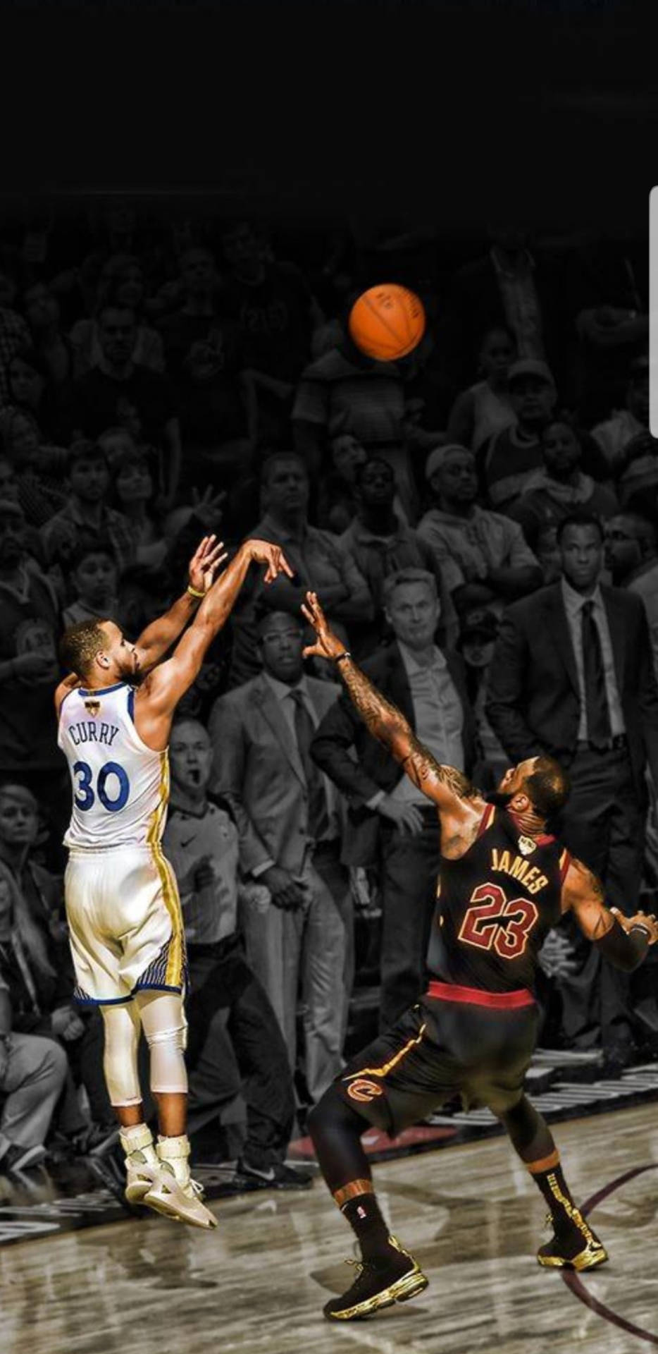 史蒂芬柯瑞在NBA比賽中投籃，勒布朗詹姆斯防守。 — 史蒂芬·柯瑞 壁紙