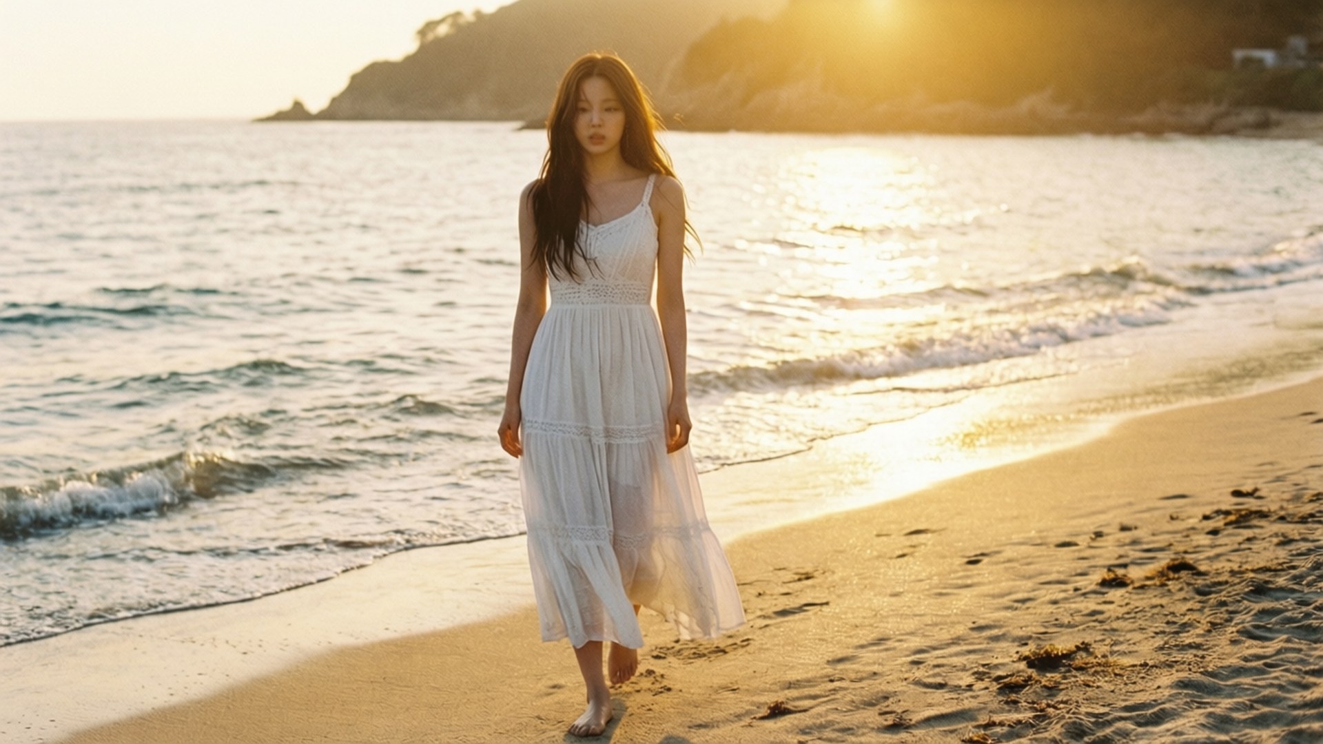 海灘日落 Jisoo 壁紙 — 一位身穿飄逸白色連衣裙的女子赤腳走在陽光明媚的海灘上，金色的海浪在日落時分拍打著海岸。