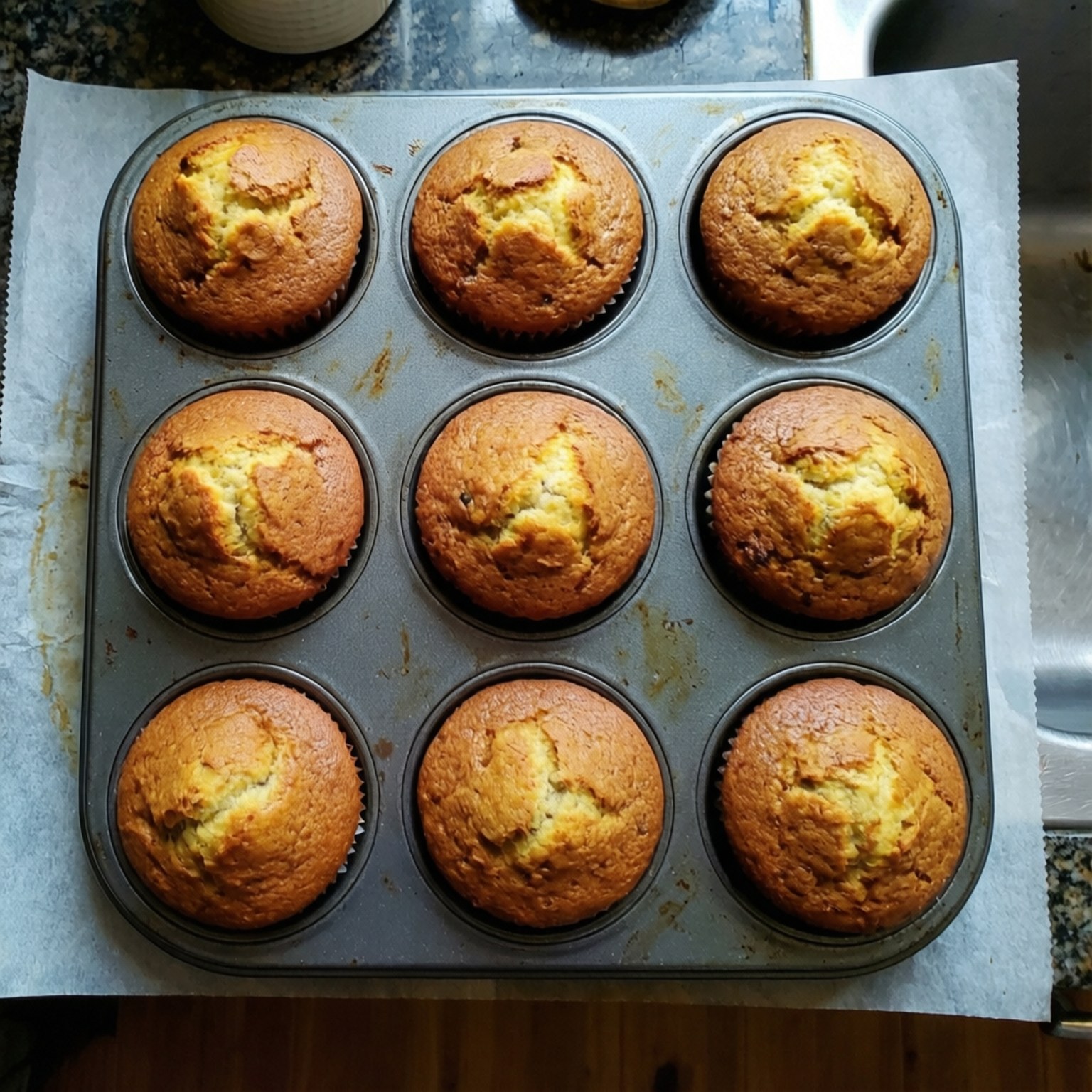 Freshly Baked Muffin Tin 壁紙 — 九個金黃色的馬芬在鋪有烘焙紙的金屬烤盤中完美膨脹。