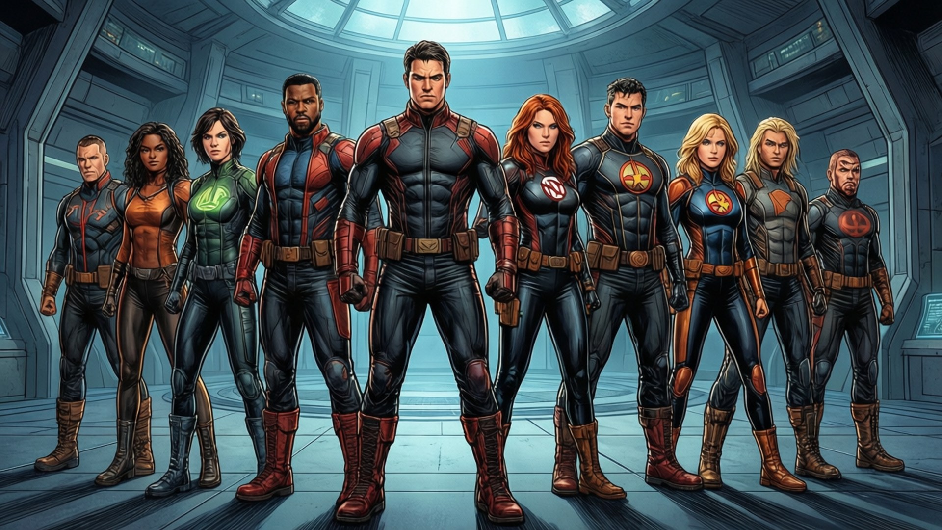 Young Justice Lineup 壁紙 — 九位超級英雄穿著相配的深藍色和紅色套裝，自信地站在未來風格的太空船走廊中。