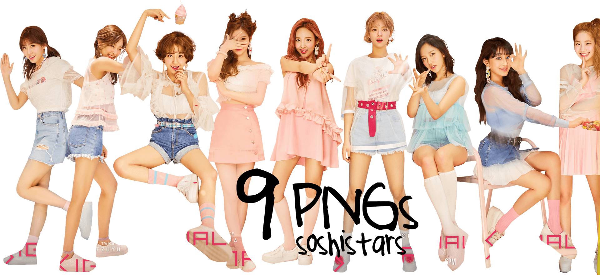 九位穿著粉彩服裝的年輕女性在黑色背景前開朗地擺姿勢。 — Twice 壁紙