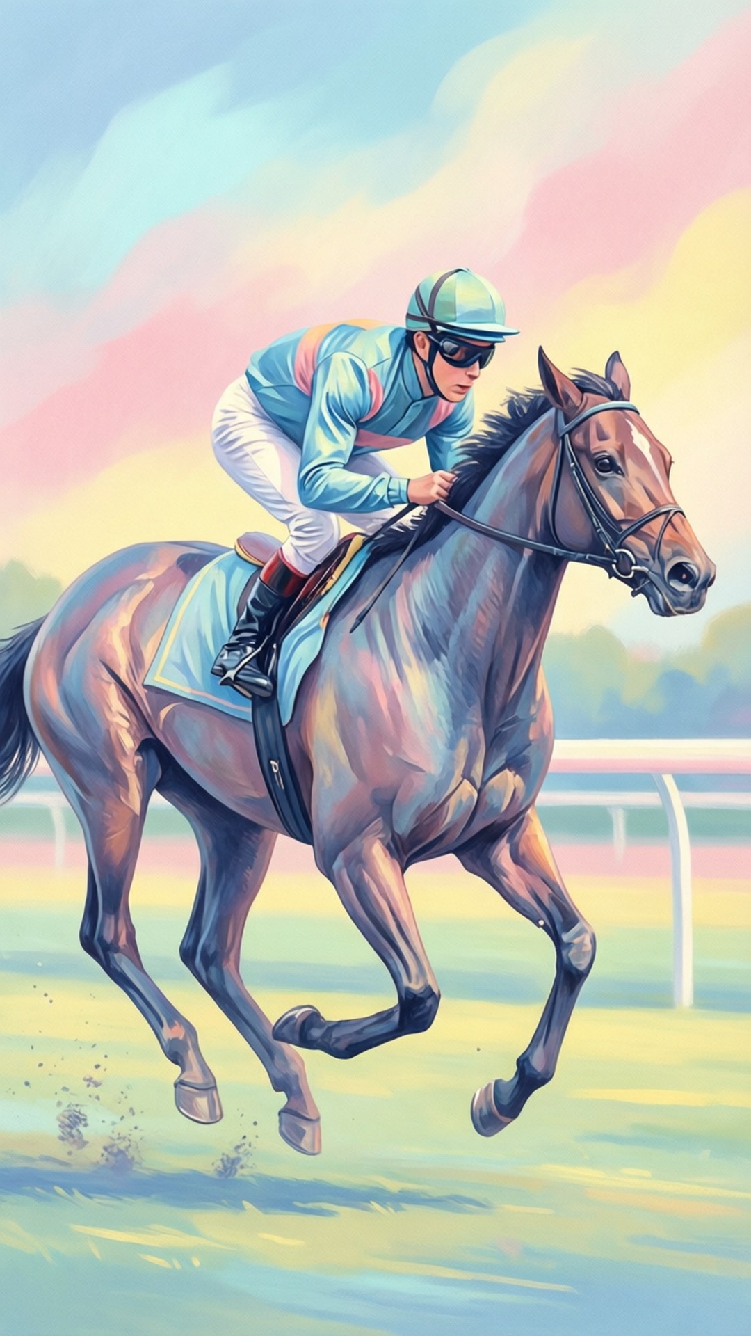 Pastel Race 壁紙 — 一位身穿藍白賽馬絲綢的騎師向前傾，他的棕色馬在日落時分奔馳過充滿活力的粉彩賽道。