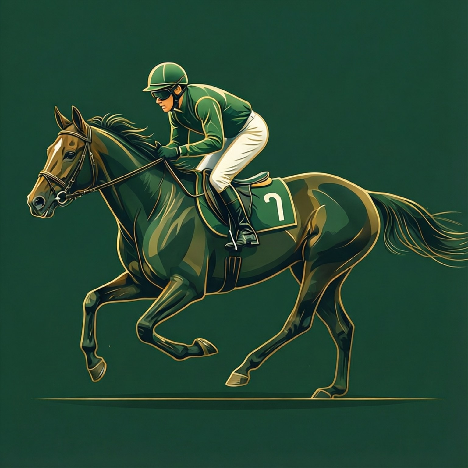 Minimalist Derby 壁紙 — 一名身穿綠色裝備的騎師騎著一匹奔馳的賽馬，馬身上標有數字七，背景為純深綠色。