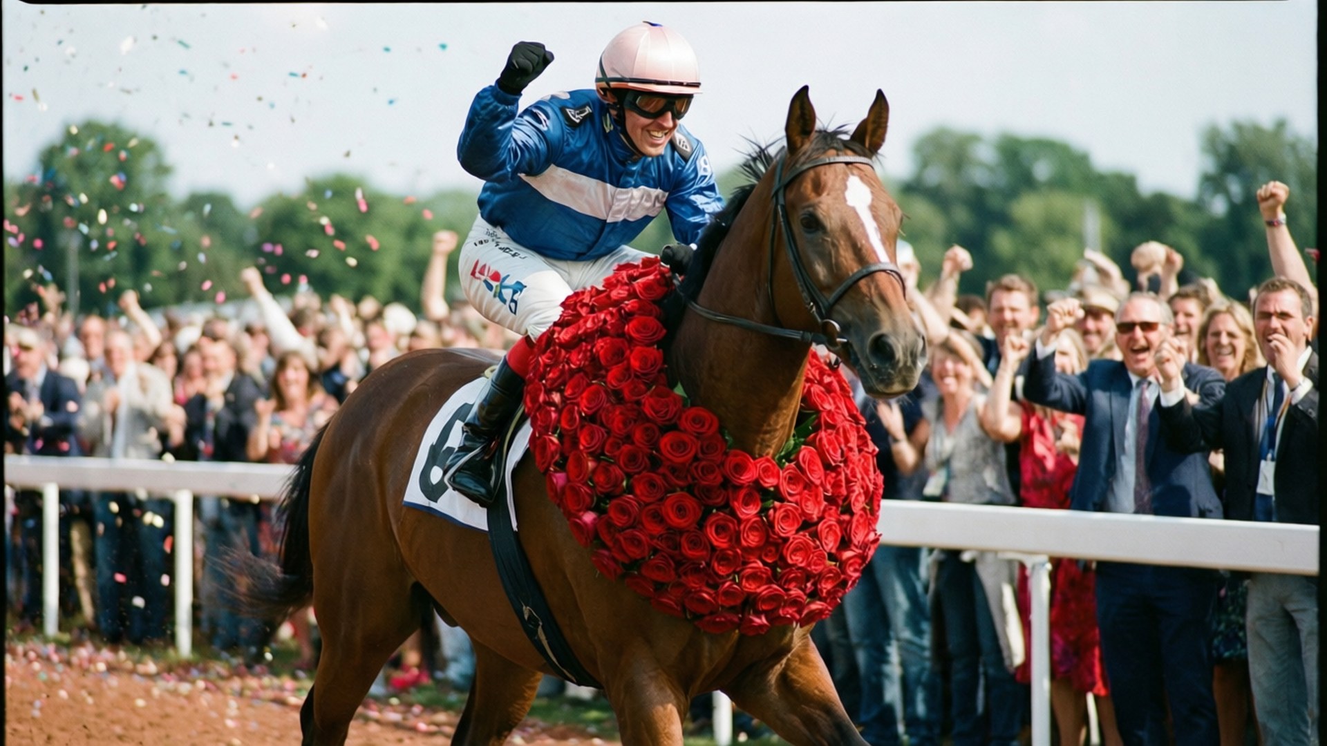 Winner's Circle Celebration 壁紙 — 一名身穿藍色絲綢的騎師在栗色賽馬上慶祝，馬匹飾有紅玫瑰花環，紙屑如雨般灑落在歡呼的觀眾身上。