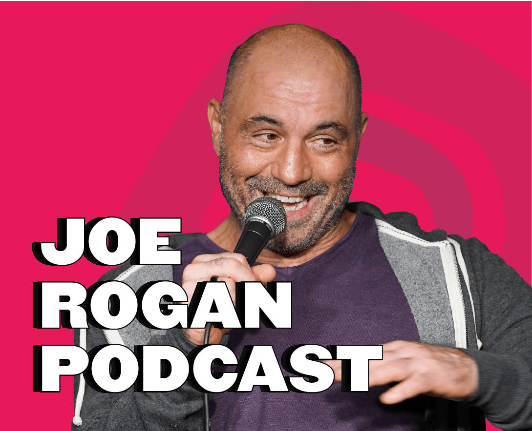 標誌 桌布 壁紙 — Joe Rogan 微笑著，手持麥克風，背景是充滿活力的粉紅色漩渦和粗體文字。