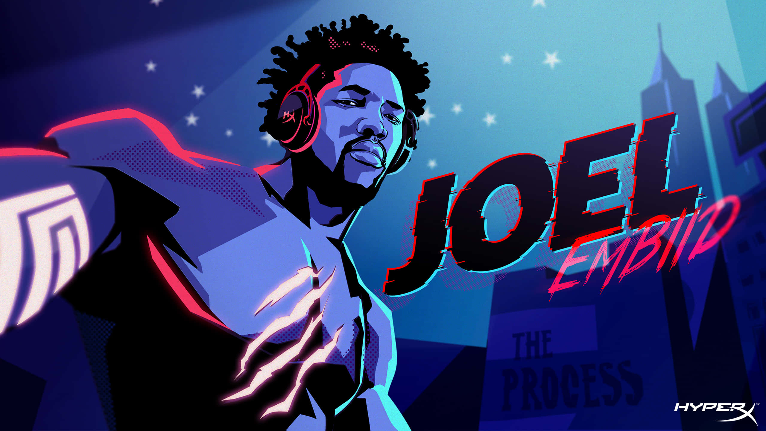 桌布 壁紙 — Joel Embiid 的風格化數位肖像，採用霓虹藍和紅色調，背景是星空城市天際線和發光文字。