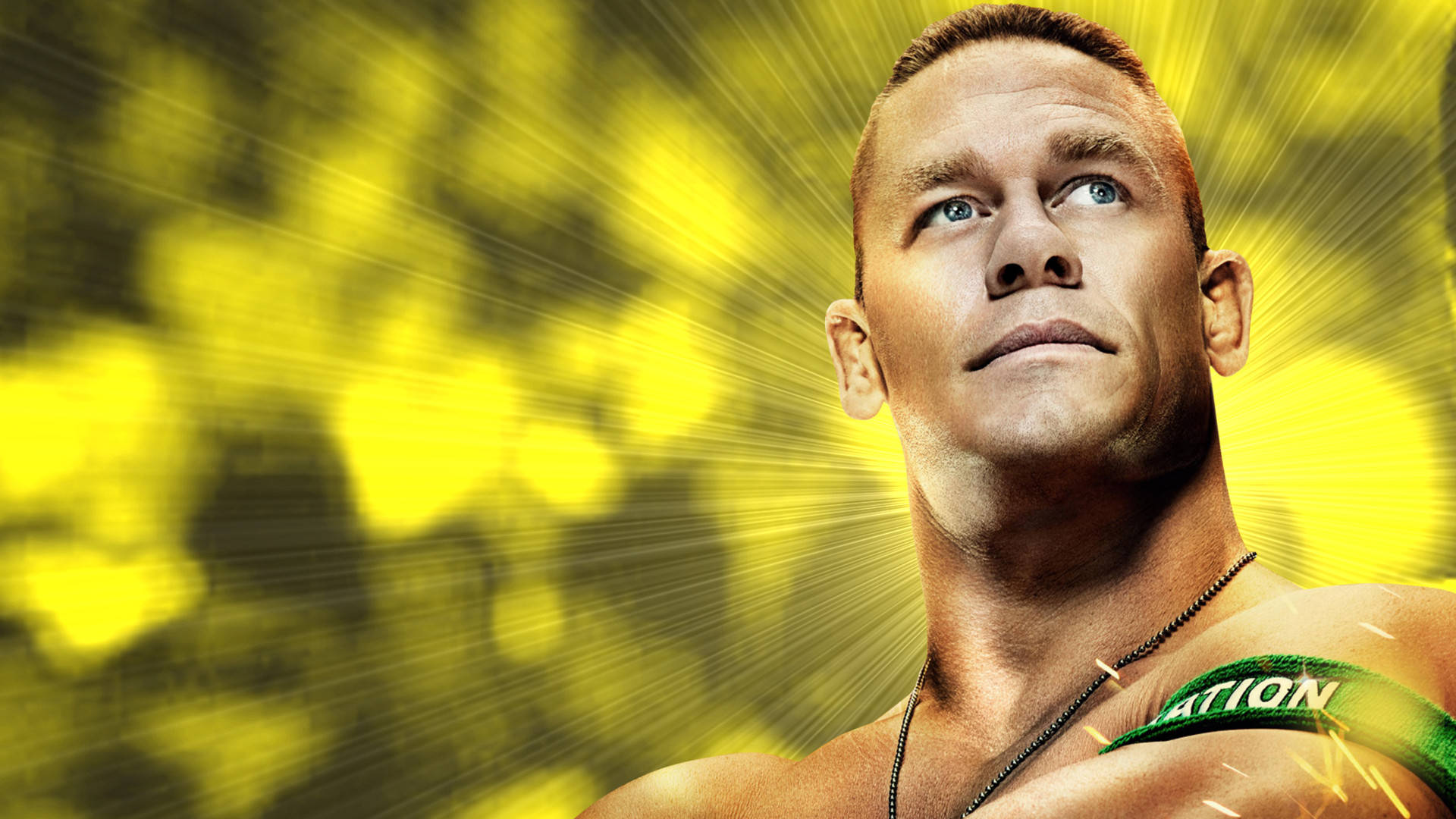 約翰·希南 桌布 壁紙 — John Cena 向上凝視，背景是明亮的黃色，帶有綠色的 'NATION' 臂章。