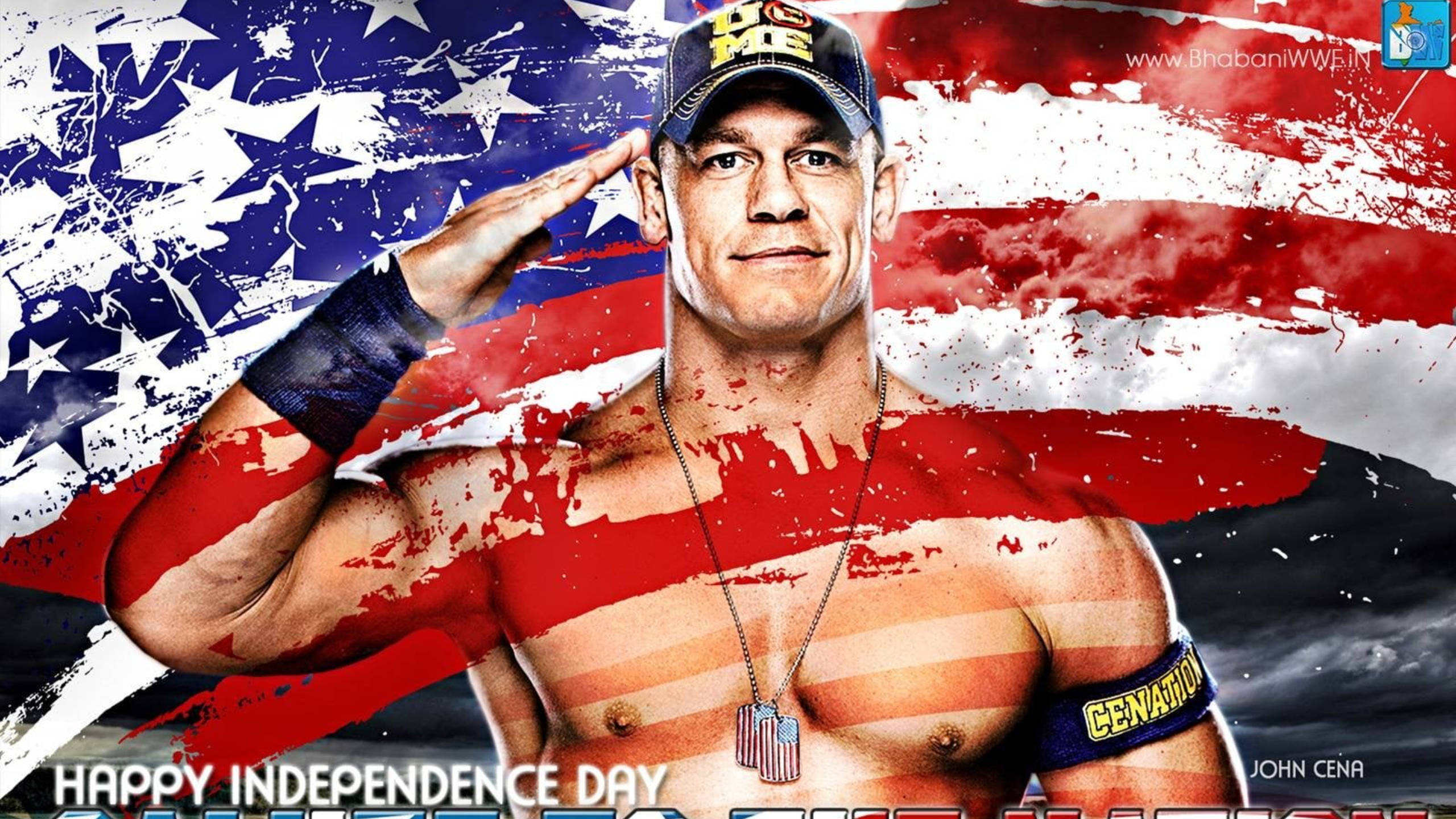 John Cena 桌布 壁紙 — John Cena 在破損的美國國旗背景下自豪地敬禮，下方有愛國文字。