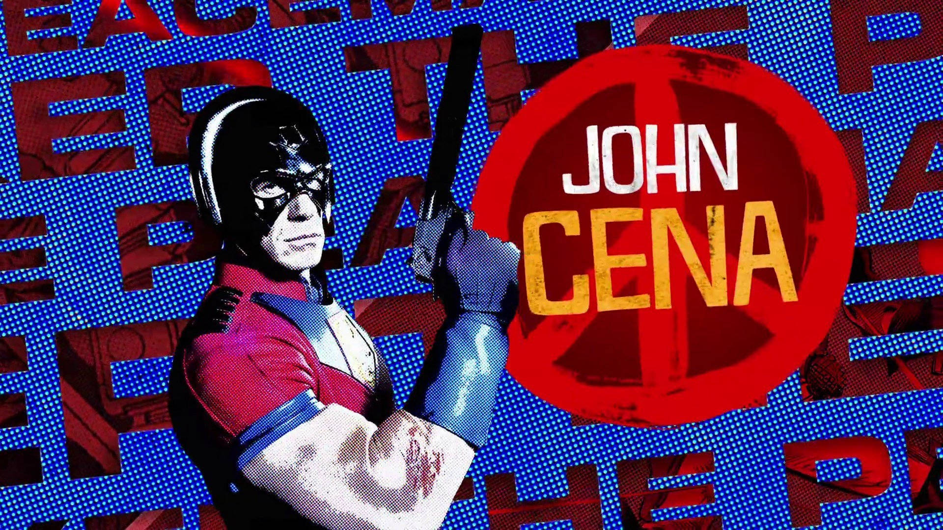 約翰·希南 桌布 壁紙 — John Cena 穿著摔角裝備，手持球棒，背景為大膽的紅藍像素風格，他的名字在圓形標誌中。