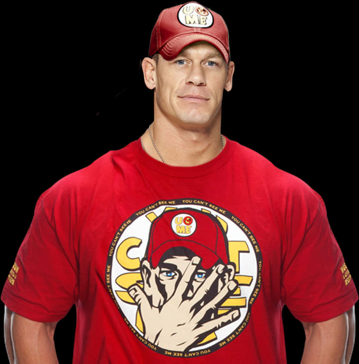 摔角 桌布 壁紙 — John Cena 自信地擺姿勢，身穿紅色 'You Can't See Me' T恤和相配的帽子，背景為黑色。