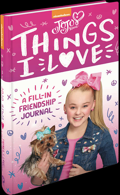 JoJo Siwa 桌布 壁紙 — Jojo Siwa 燦爛地微笑，抱著一隻戴著藍色蝴蝶結的約克夏㹴，背景是粉紅色，充滿了心形和和平標誌。