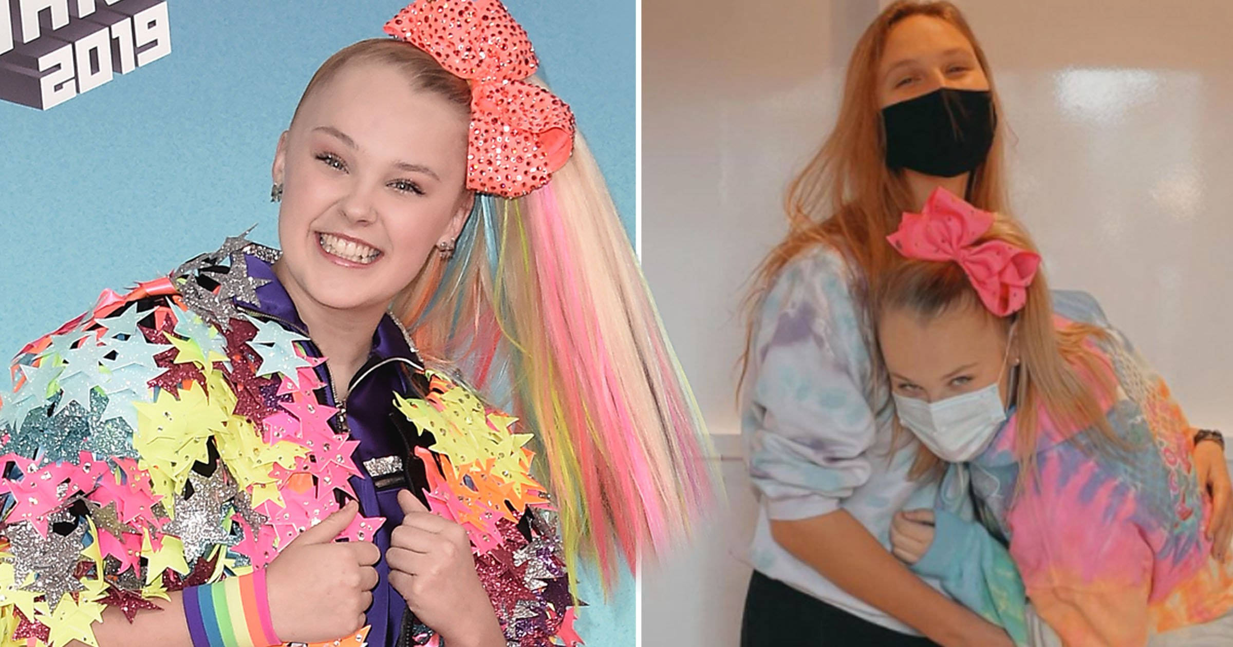 Jojo Siwa 桌布 壁紙 — JoJo Siwa 身穿星星外套，彩虹頭髮搭配粉紅蝴蝶結，與穿著紮染襯衫的媽媽一起戴口罩，露出燦爛笑容。