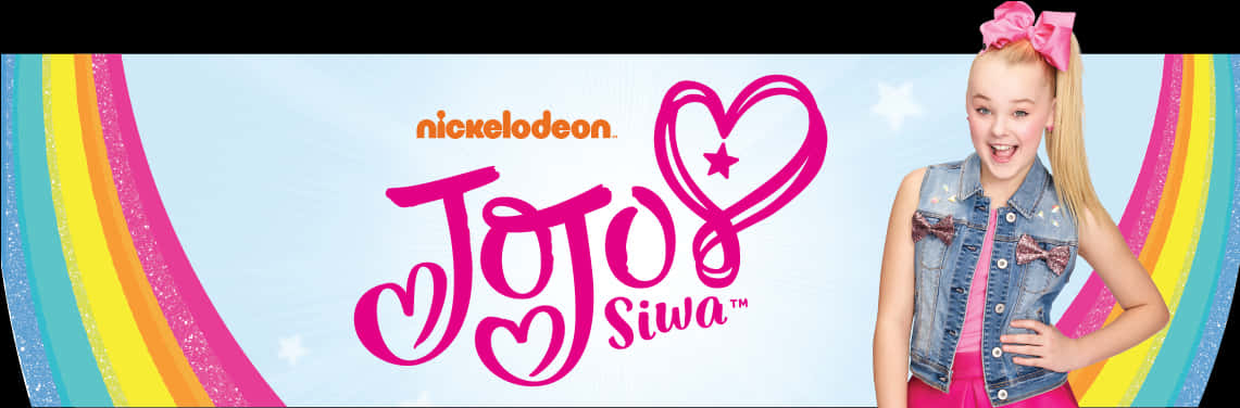 JoJo Siwa 桌布 壁紙 — JoJo Siwa 身穿牛仔背心，在彩虹背景前閃爍星星和 Nickelodeon 標誌下燦爛微笑。
