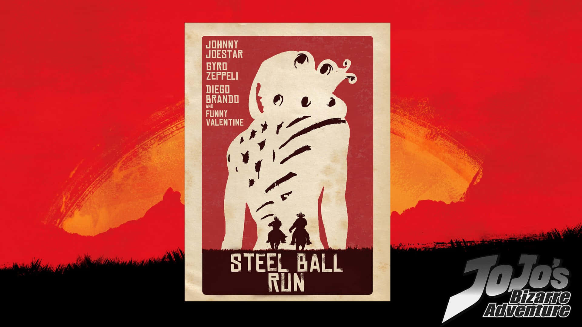 Jojo Steel Ball Run 桌布 壁紙 — JoJo的奇妙冒險 飆馬野郎的復古風格海報，描繪一隻巨大的白色生物和兩個剪影騎手，背景是火紅和橙色的日落。