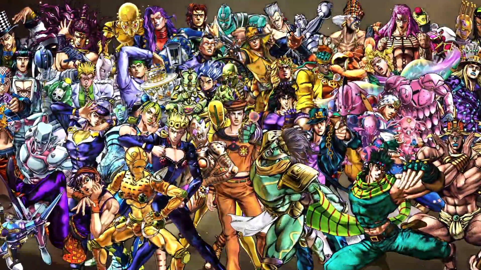 adventure 桌布 壁紙 — JoJo的奇妙冒險角色以動態姿勢、大膽色彩和誇張表情組成的充滿活力的動漫拼貼畫。