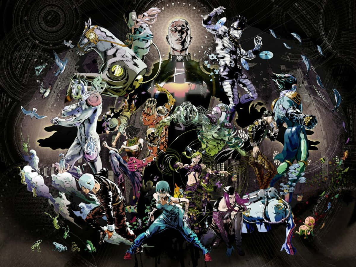 Jjba 桌布 壁紙 — JoJo的奇妙冒險角色在黑暗機械背景前擺出戲劇性姿勢的動態動漫拼貼畫。