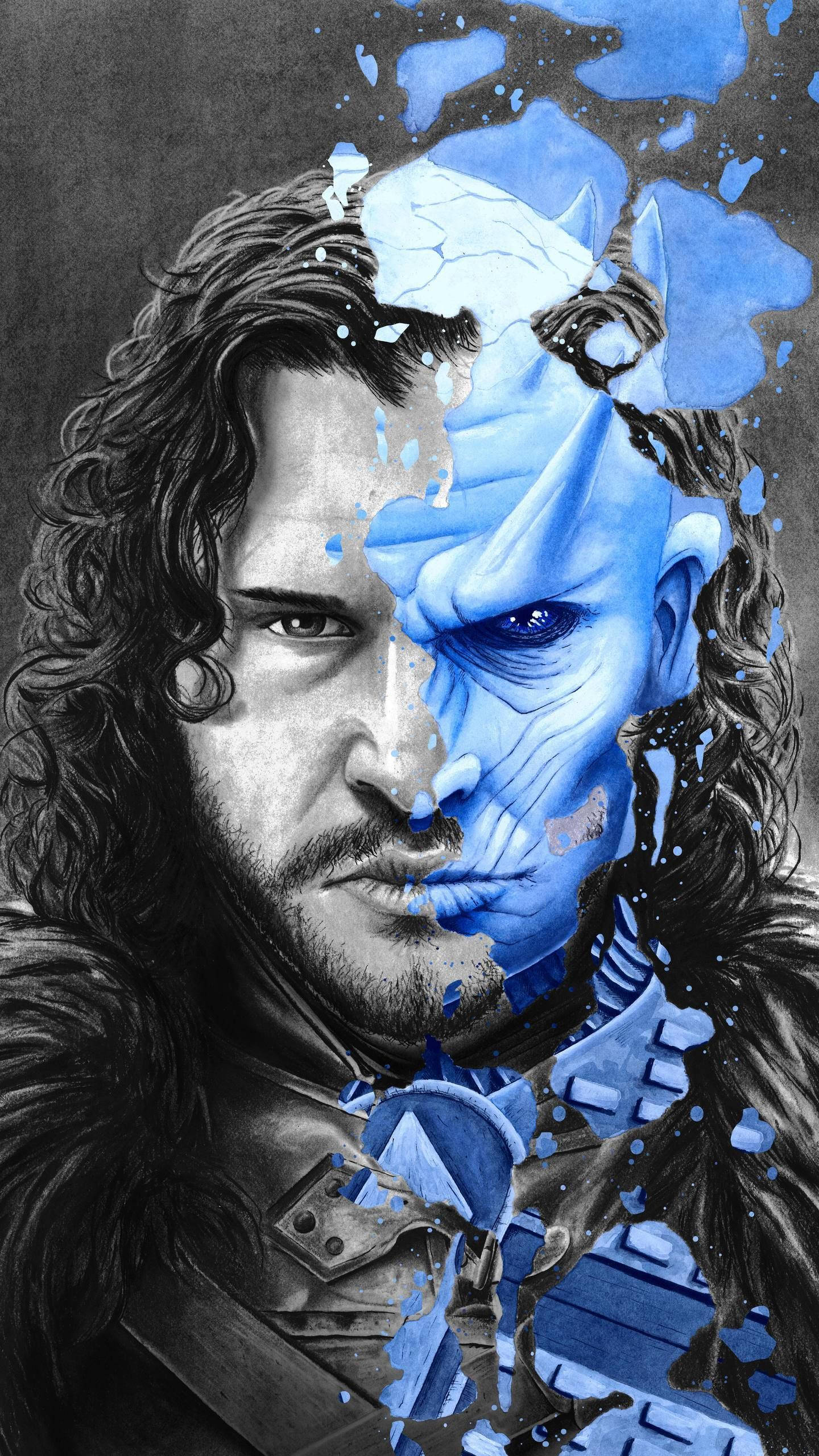 tv 桌布 壁紙 — Jon Snow 與藍皮膚屍鬼的分割肖像，在深灰色背景上融合藍色油漆飛濺。
