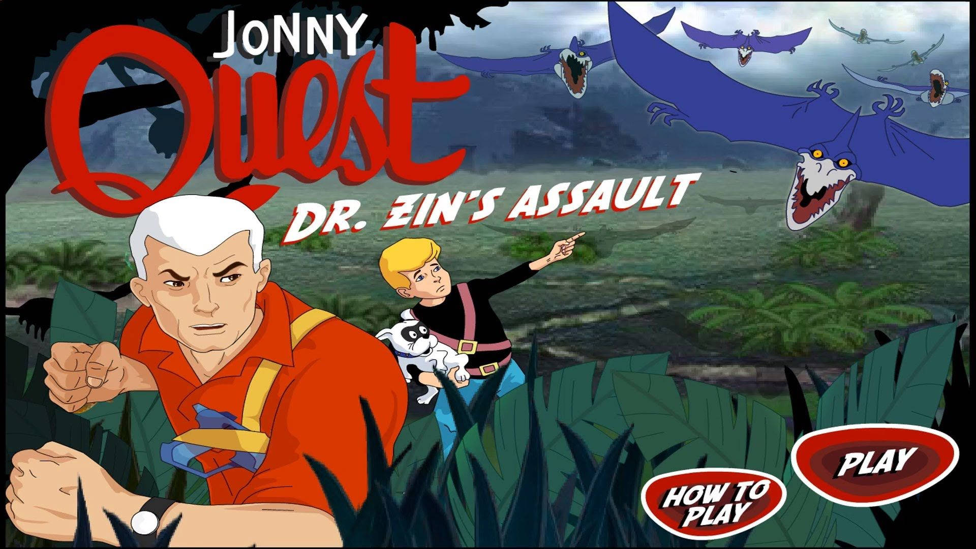 桌布 壁紙 — Jonny Quest 和他的團隊在叢林冒險遊戲標題畫面中面對巨大的飛行爬行動物。