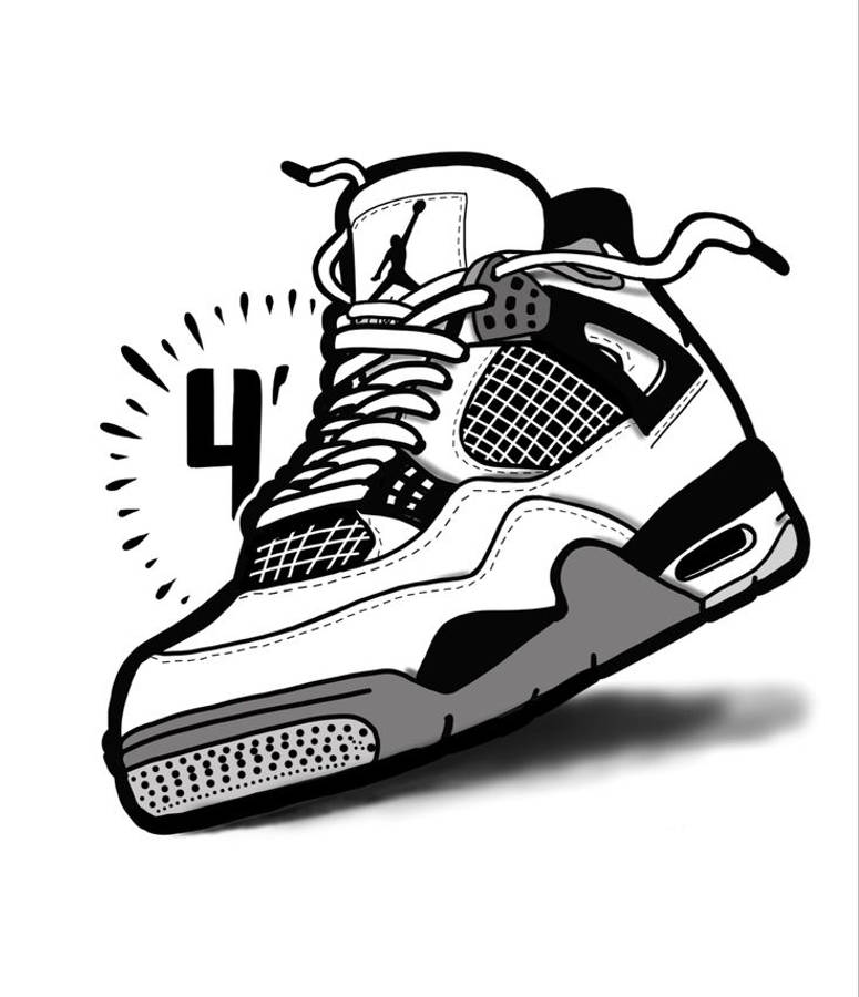 Air Jordan 桌布 壁紙 — Jordan 4 運動鞋的大膽黑白插圖，旁邊有一個動態的「4」圖案。