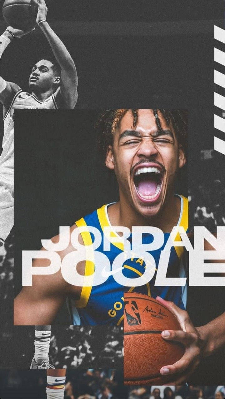籃球運動員Jordan Poole在拼貼畫中拿著籃球大喊。 — Jordan Poole 壁紙