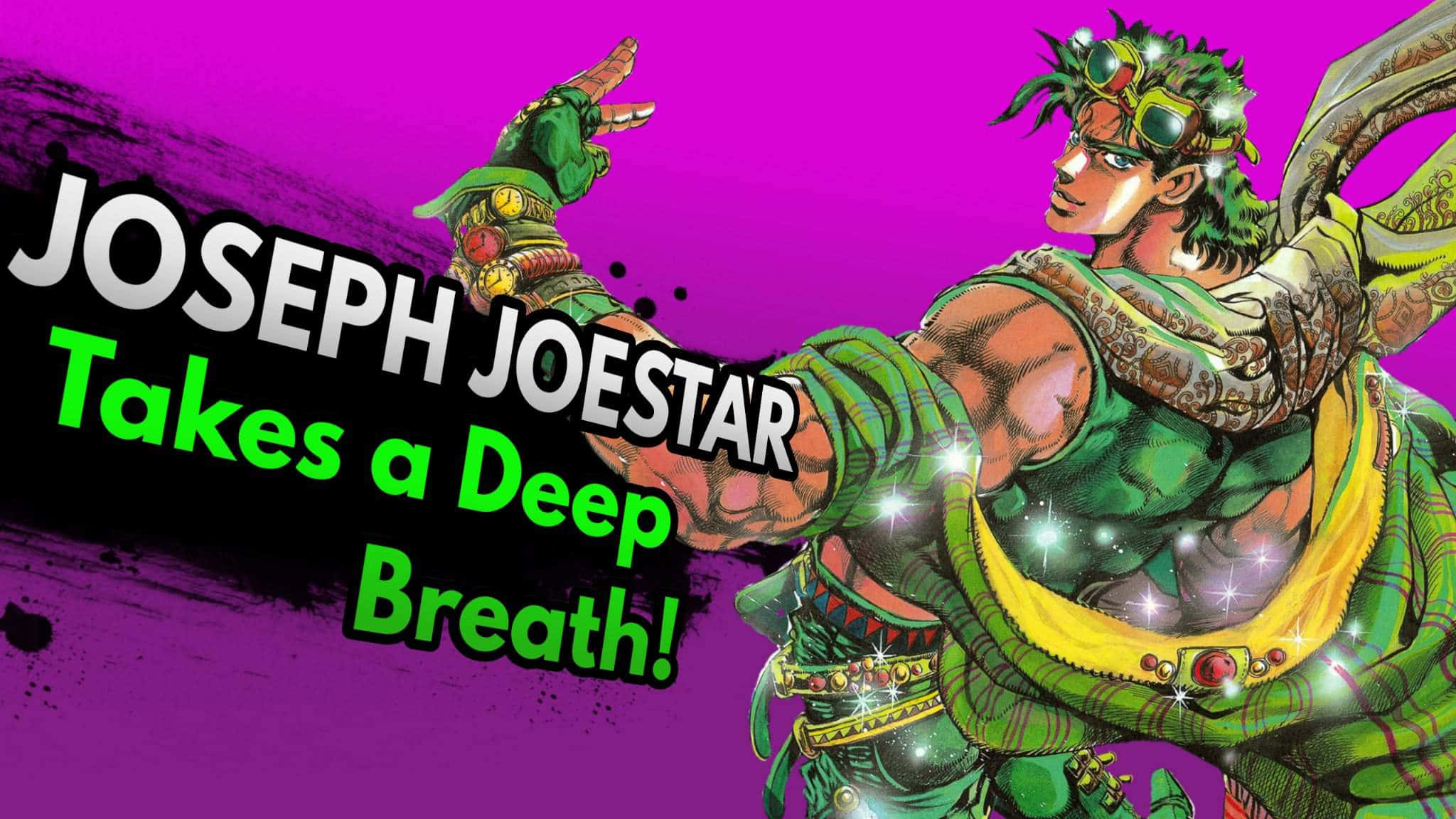joseph joestar 桌布 壁紙 — Joseph Joestar 身穿綠色盔甲，在充滿活力的紫色背景上以粗體文字動態擺姿勢。