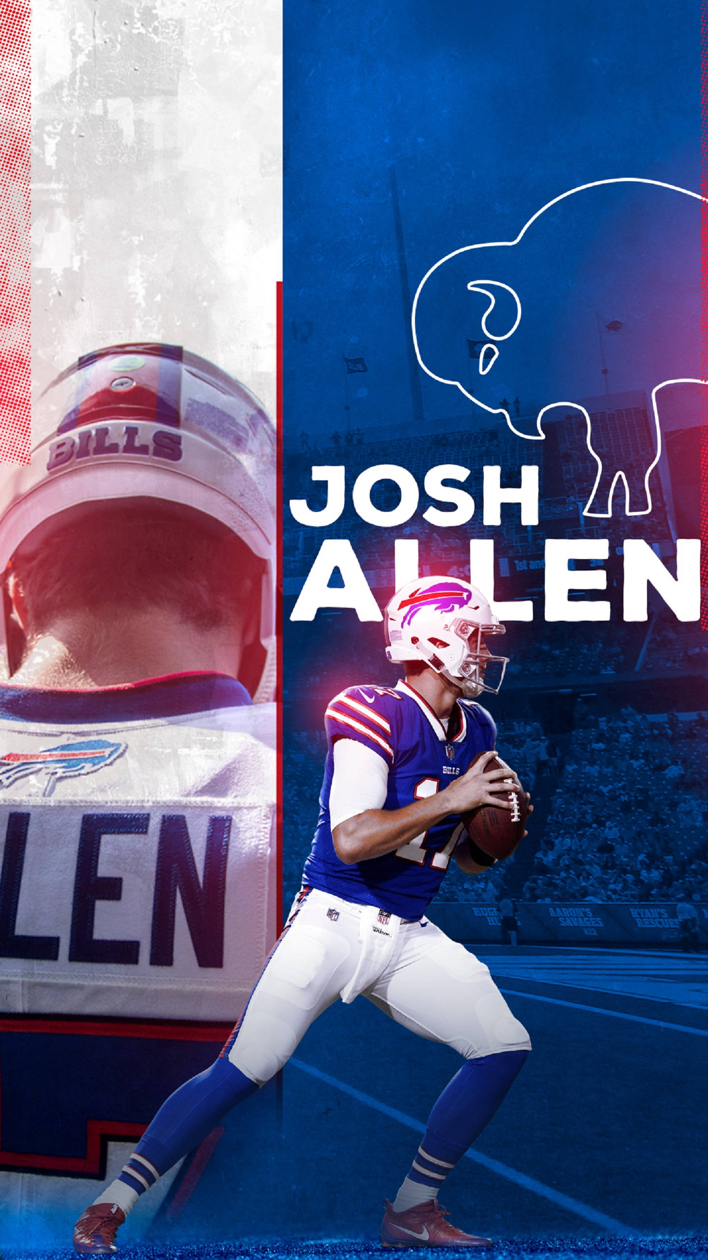 Josh 桌布 壁紙 — Josh Allen 身穿水牛城比爾隊球衣，準備在分屏背景（含球隊標誌和球場）前擲出橄欖球。