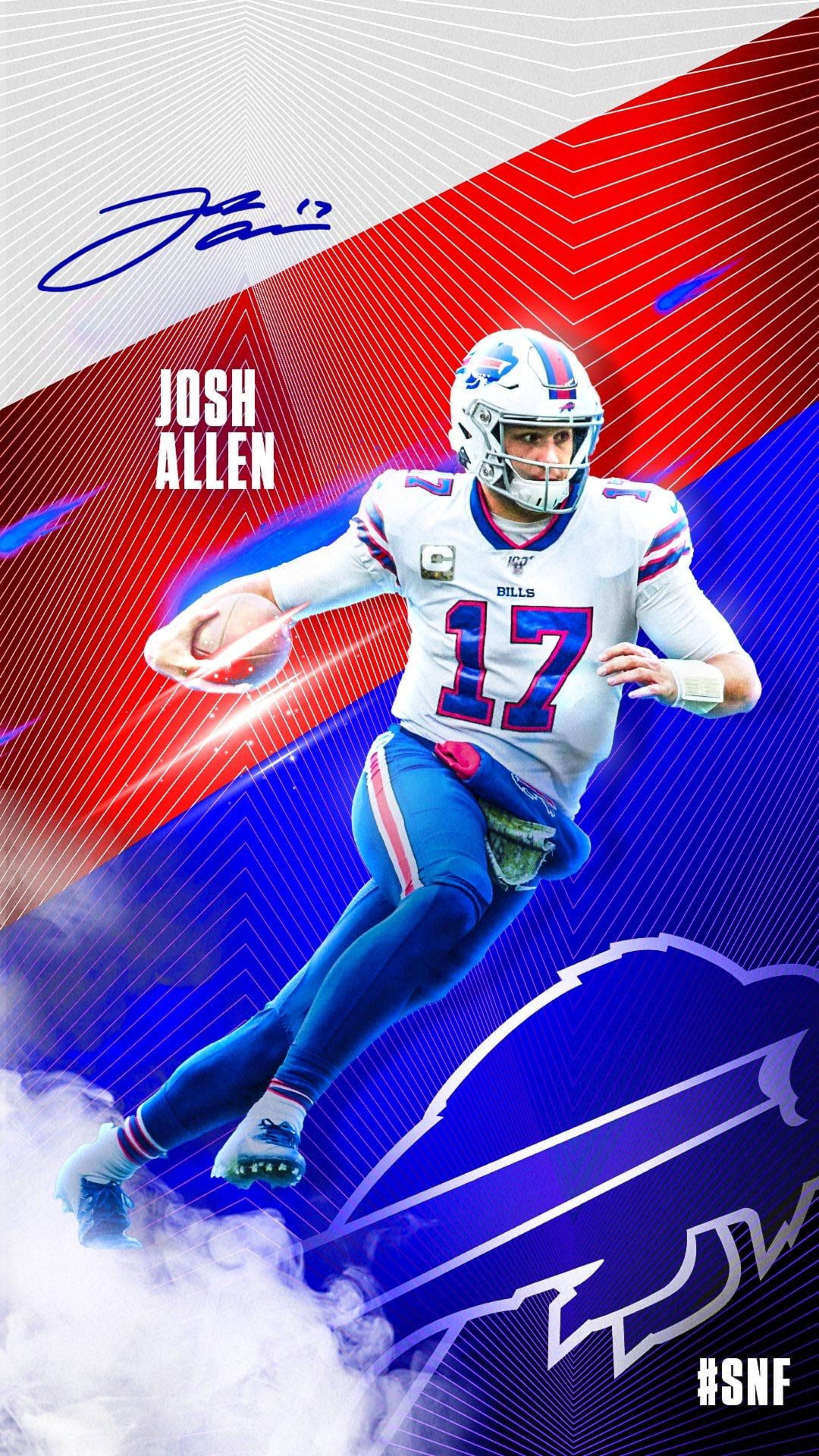 Josh 桌布 壁紙 — Josh Allen 身穿水牛城比爾隊服，在動態紅藍背景中做出投球動作，帶有煙霧效果和球隊標誌。