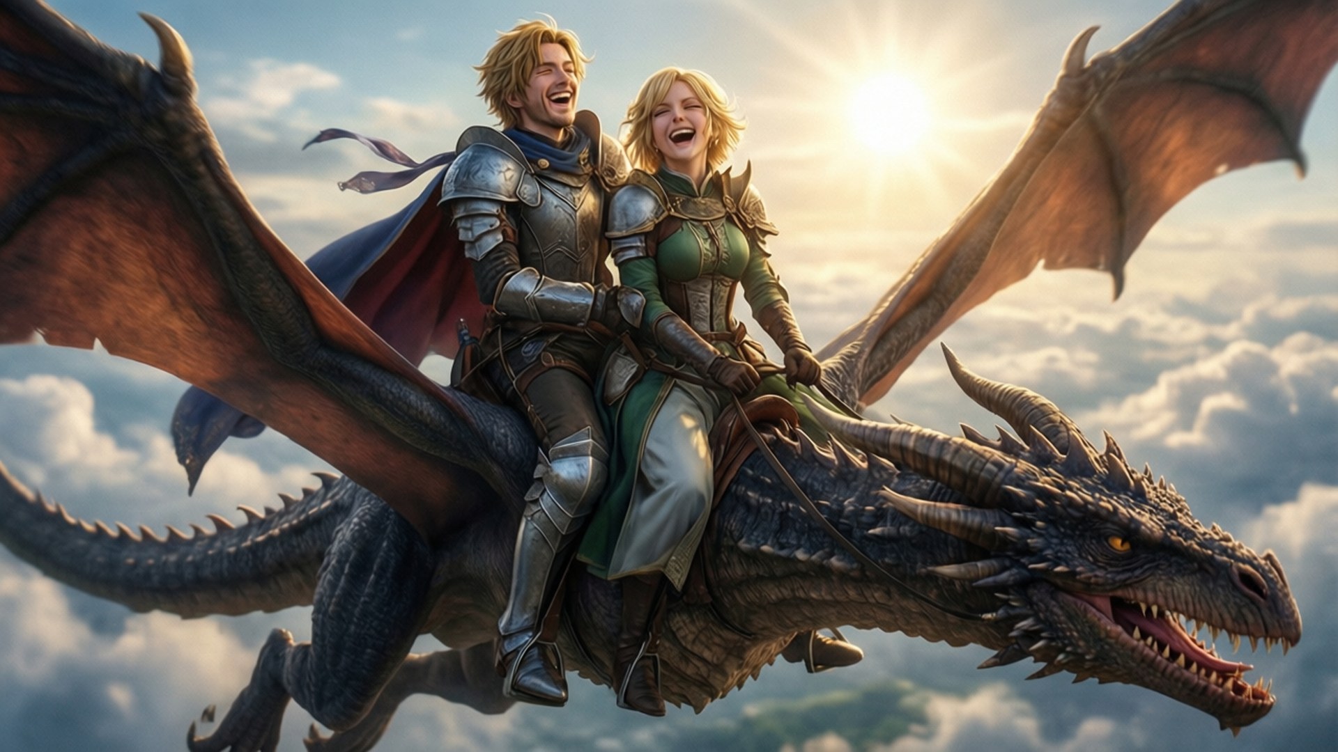 Wyvern Riders 壁紙 — 一對快樂的裝甲夫婦騎著一條翱翔的龍穿過雲層，太陽在他們身後明亮地照耀。